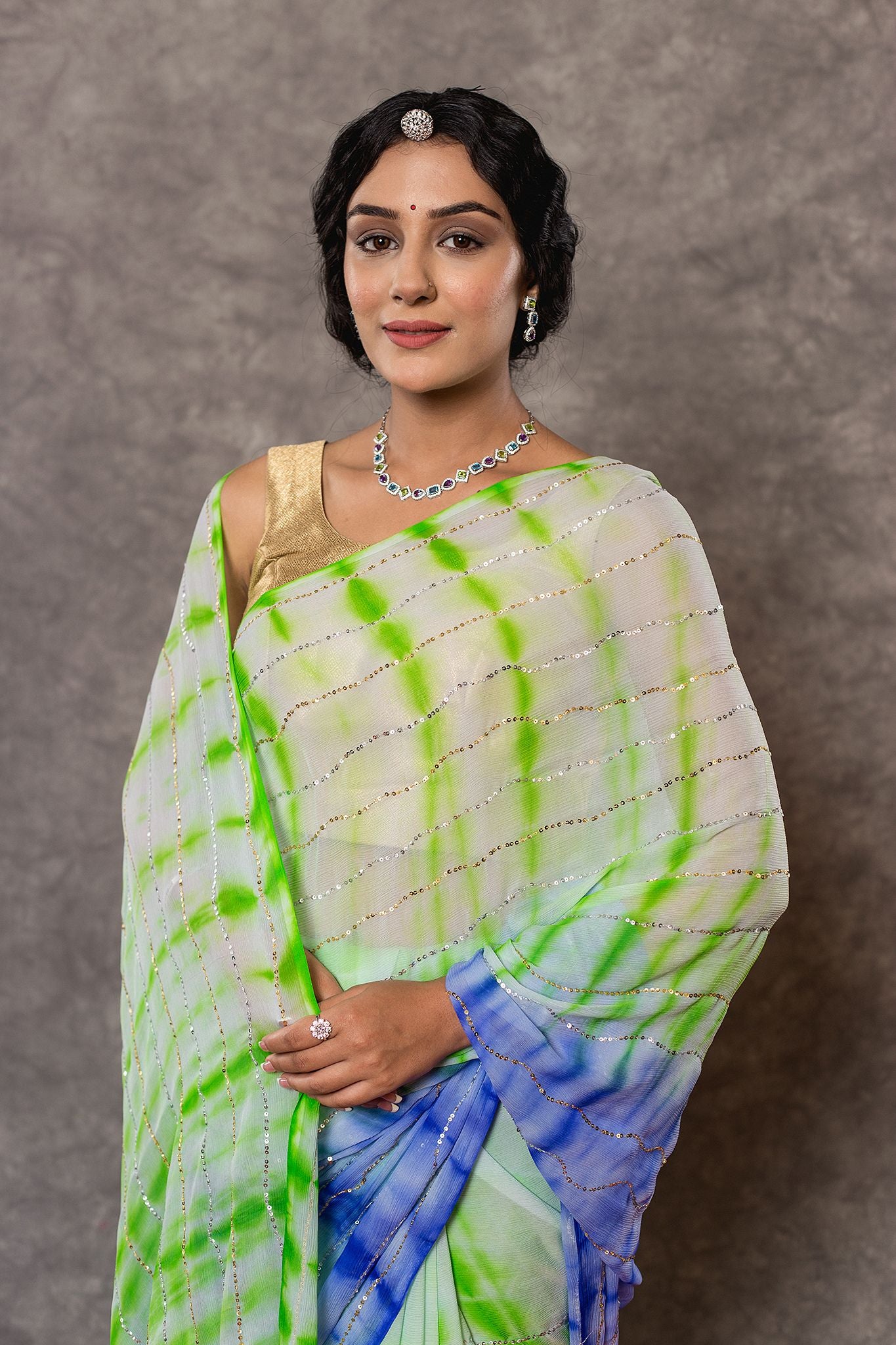Multi Shaded pure Georgette 20 Gsm Sequins Handwork Saree
