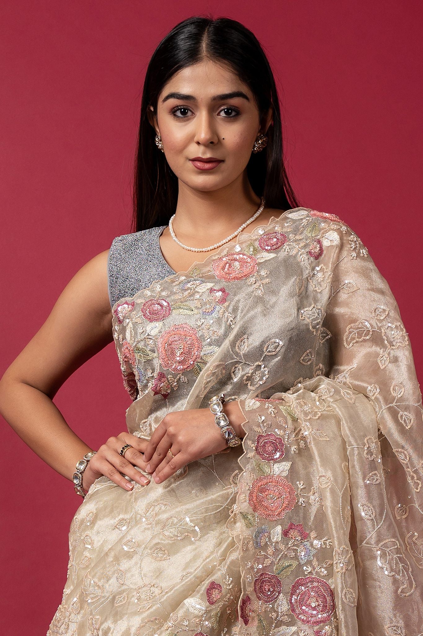 cream Tissue organza fancy sequins handwork saree