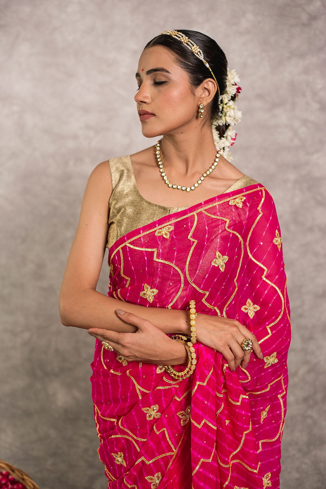 Rani Lehariya Pure Georgette 20 Gsm sikhiya dabi jaal handwork traditional wear saree