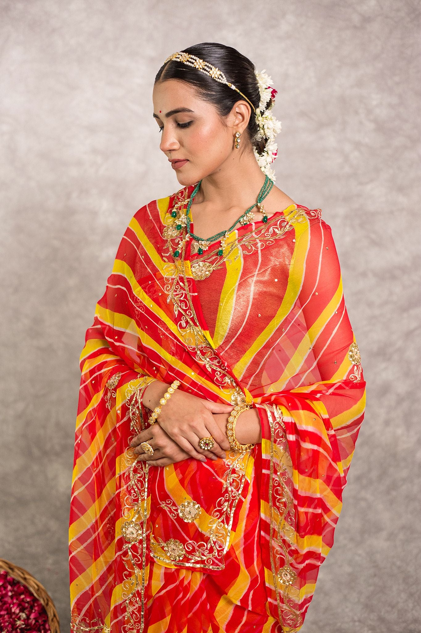 Orange lehariya Pure Georgette 20 Gsm aari sequins border butti handwork traditional wear saree