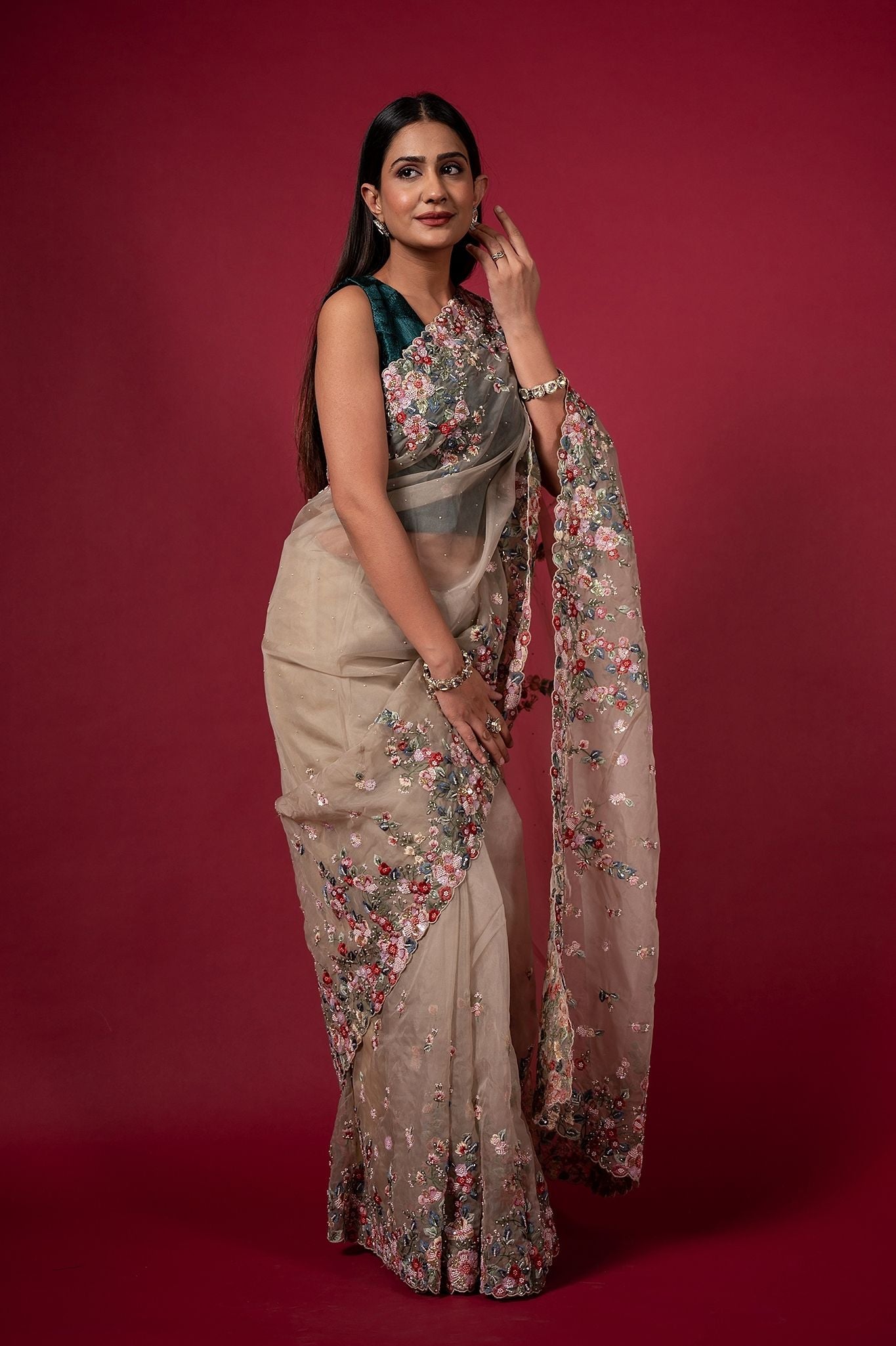 Sand organza pearl sequins kardana resham handwork saree
