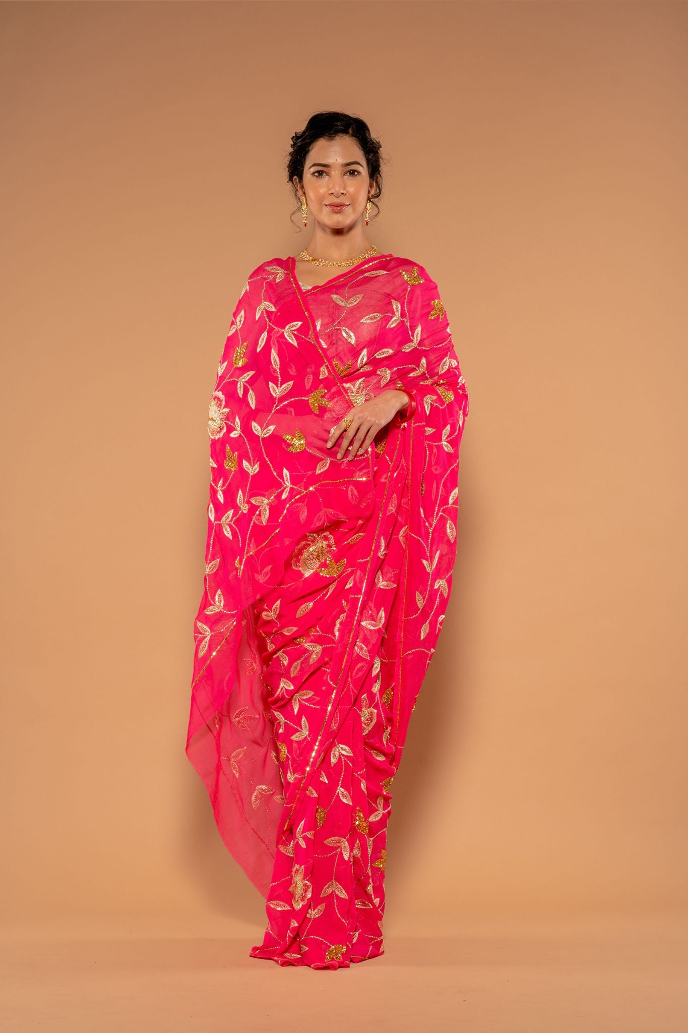 Gajri Pure Chiffon Aari sequins Jaal Handwork Saree
