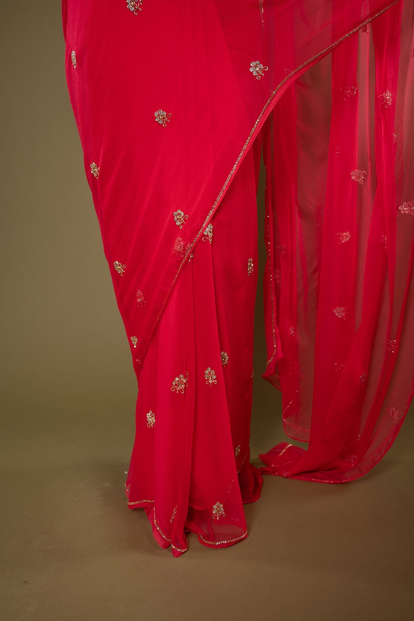 Red viscose chiffon kardana kundan motif handwork casual wear saree