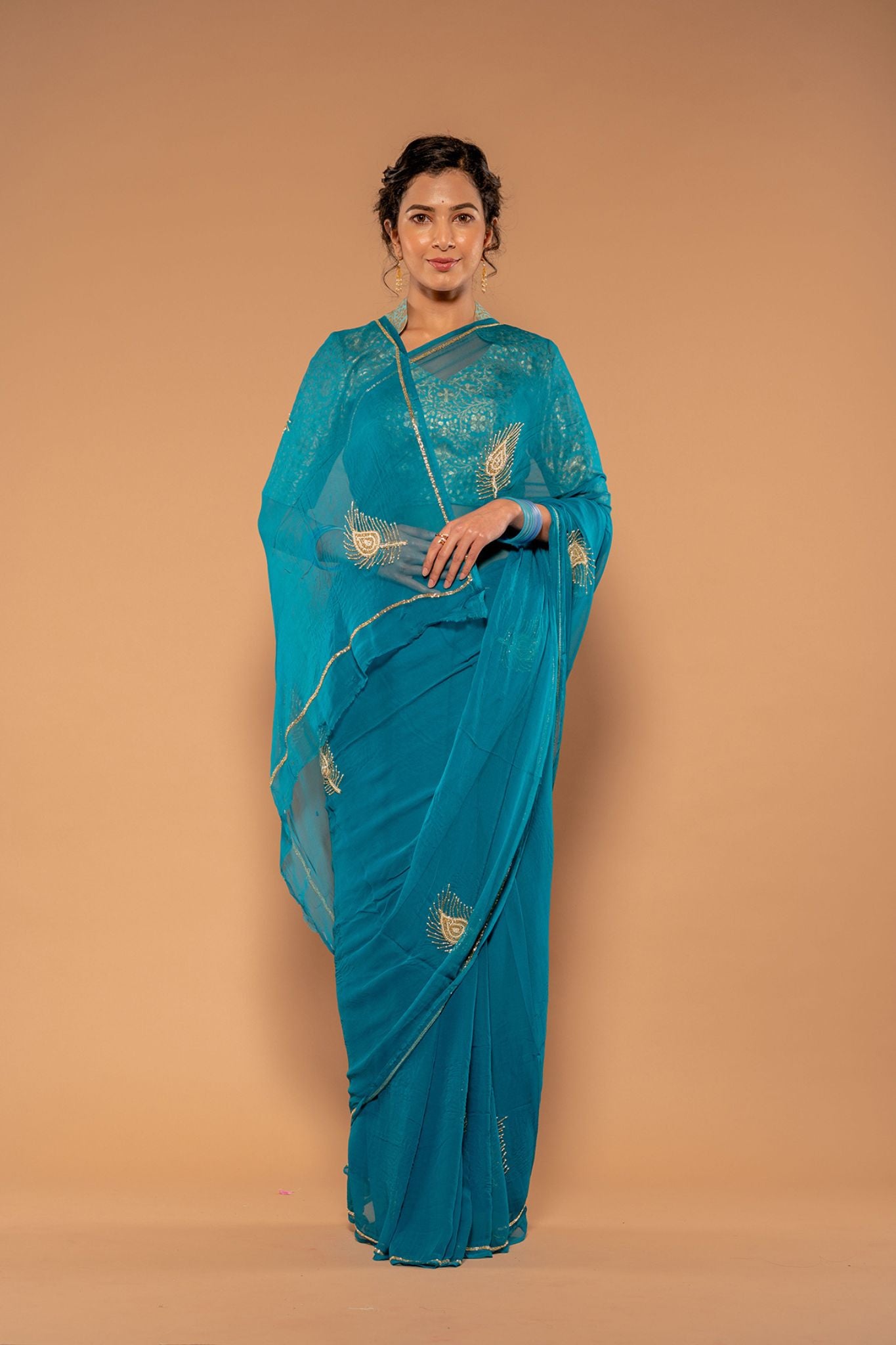 Rama Viscose Chiffon Aari Kardana Handwork Saree