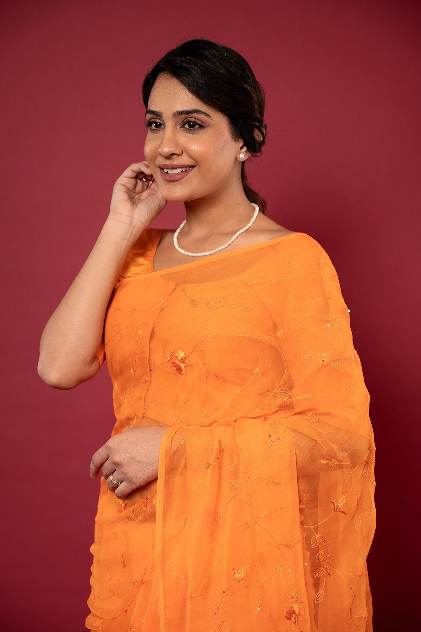 Orange viscose chiffon Resham Sequins jaal handwork casual wear saree