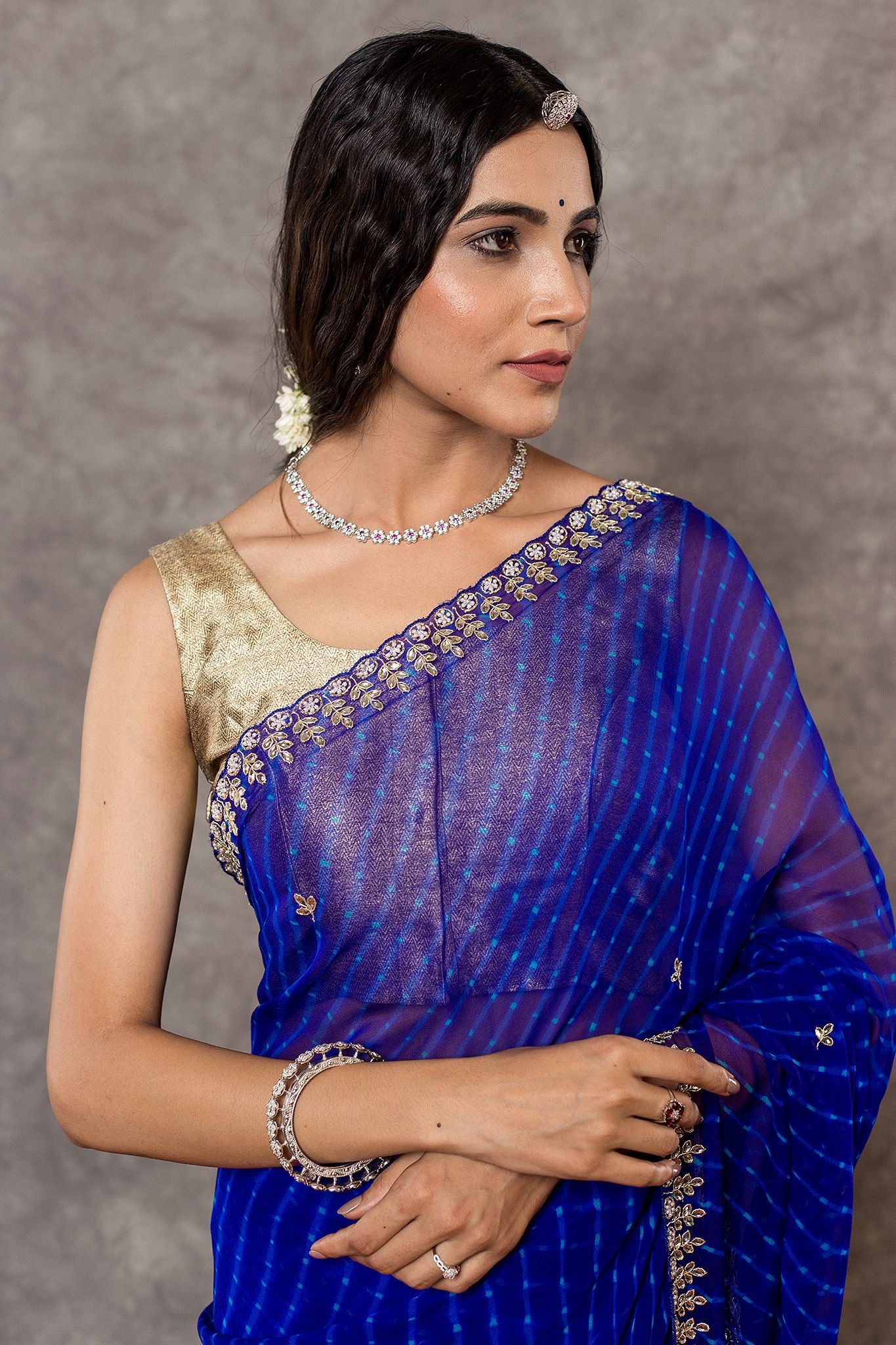 Blue Lehariya Pure Georgette 20 Gsm Kardana sequins border butti handwork traditional wear saree