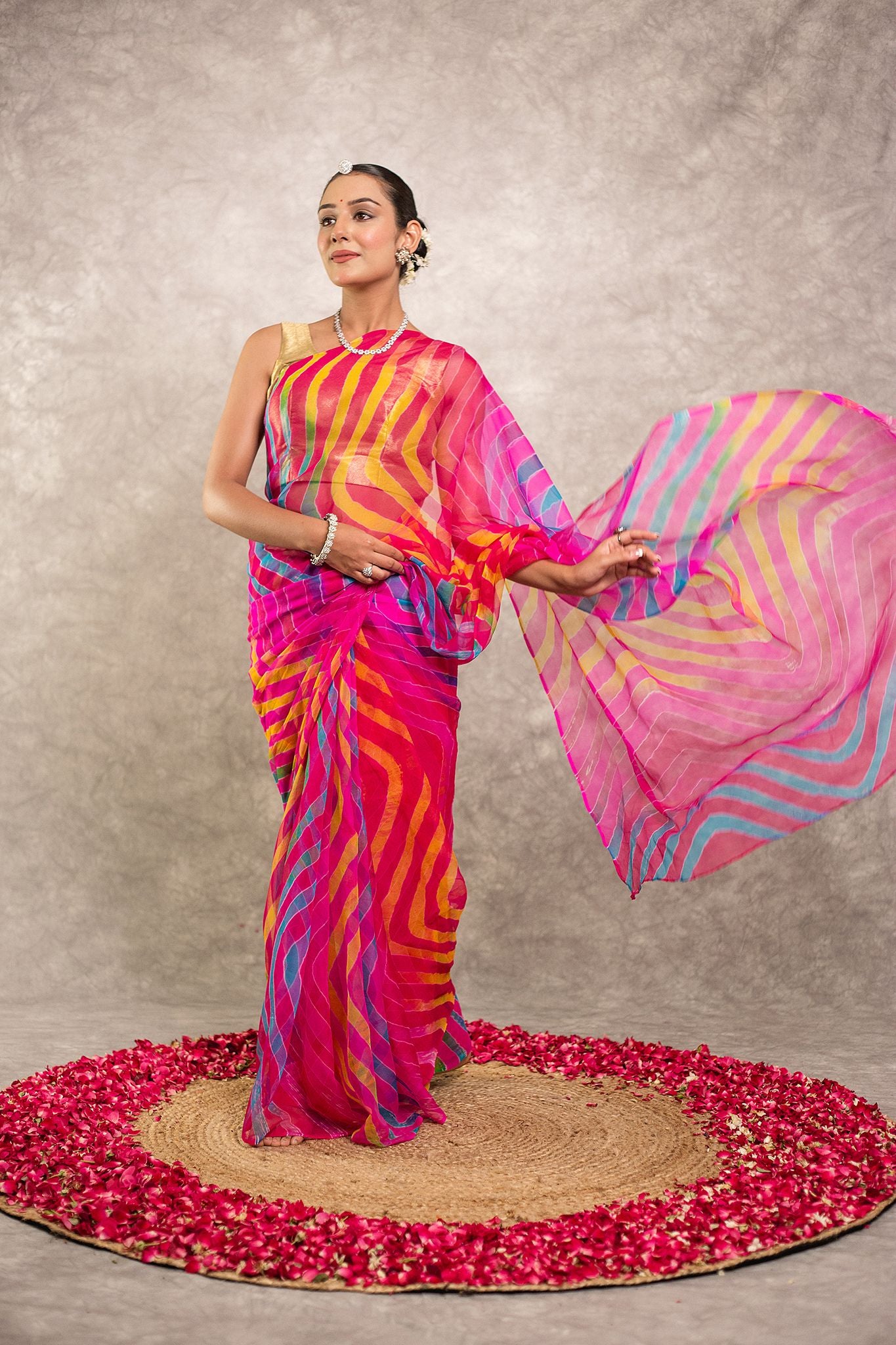 Multi lehariya Pure Georgette 20 Gsm plain hand dyed traditional wear saree