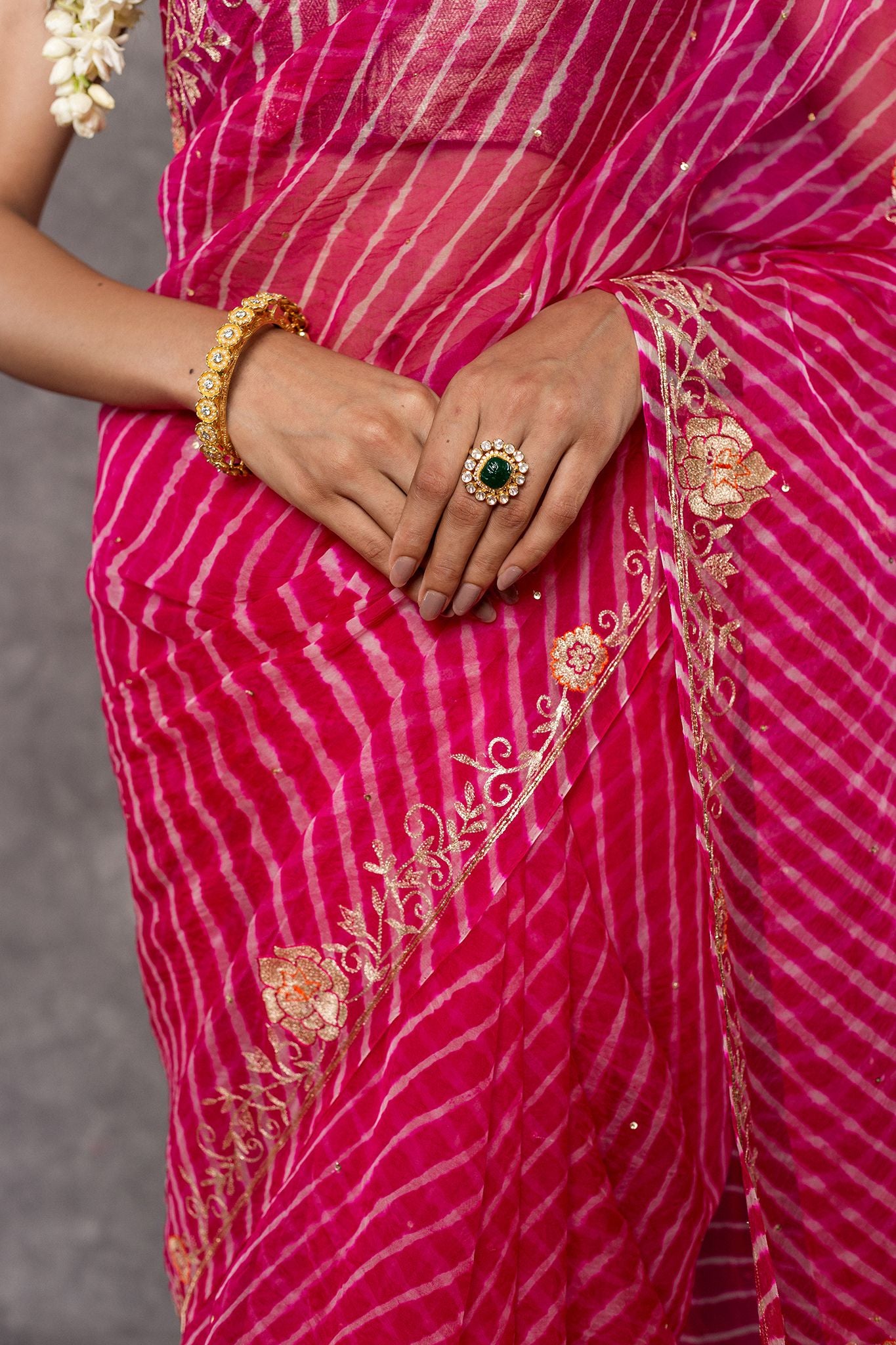 rani Lehariya Pure Georgette 20 Gsm aari sequins border butti handwork Traditional Wear saree