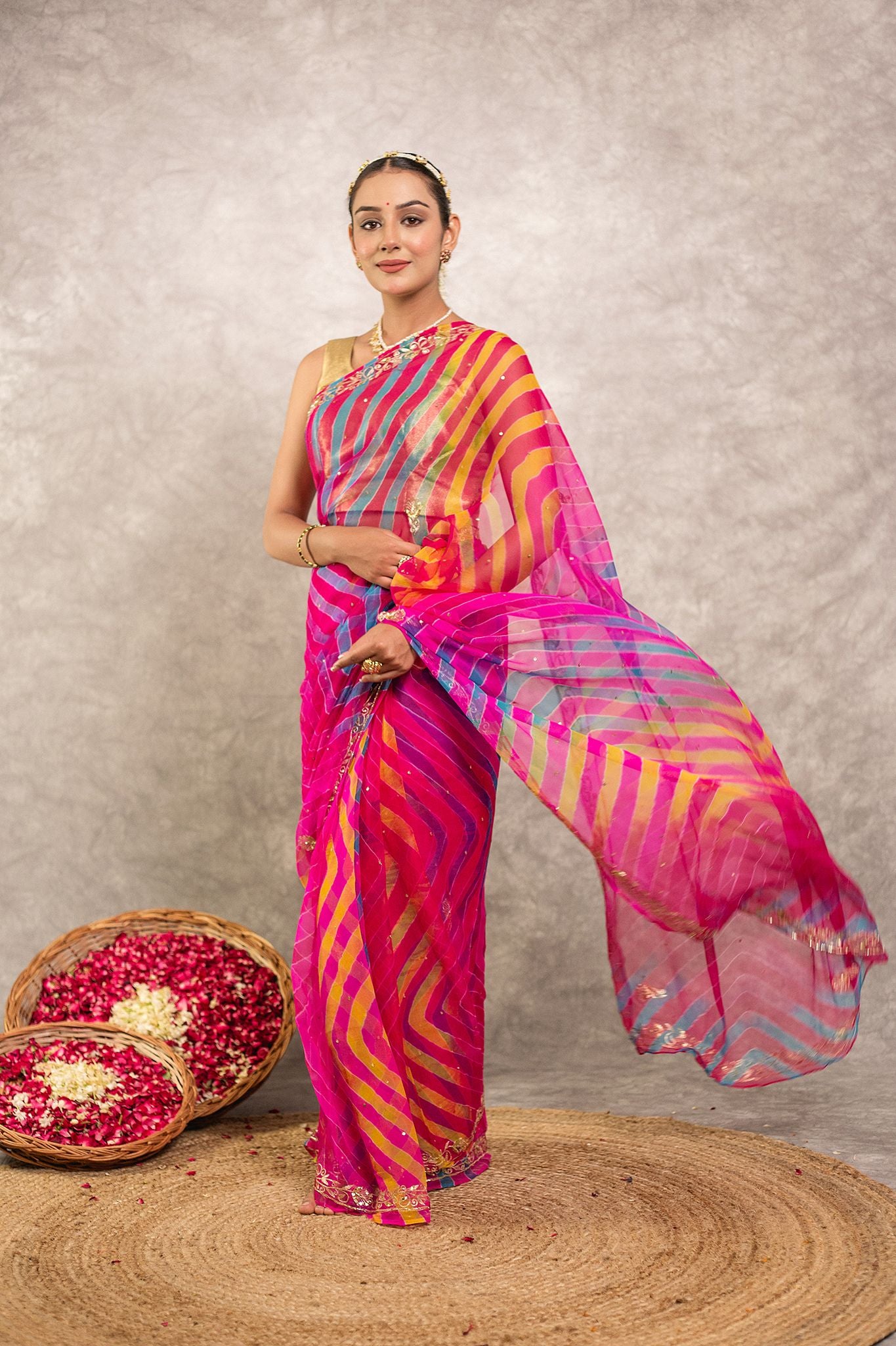 Multi lehariya Pure Georgette 20 Gsm aari sequins border butti handwork traditional wear saree