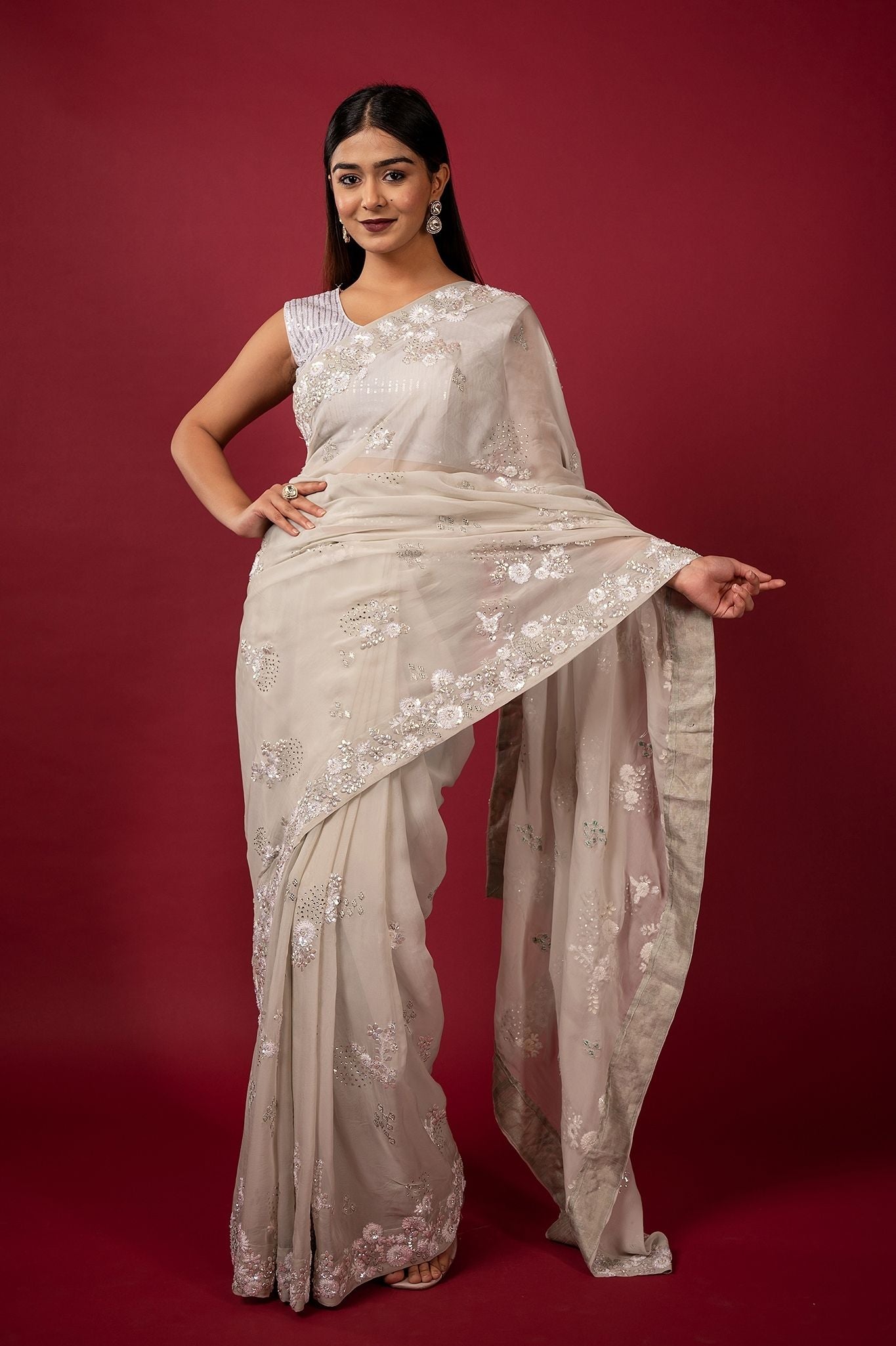 Milky grey organza sequins stone fancy work handwork saree