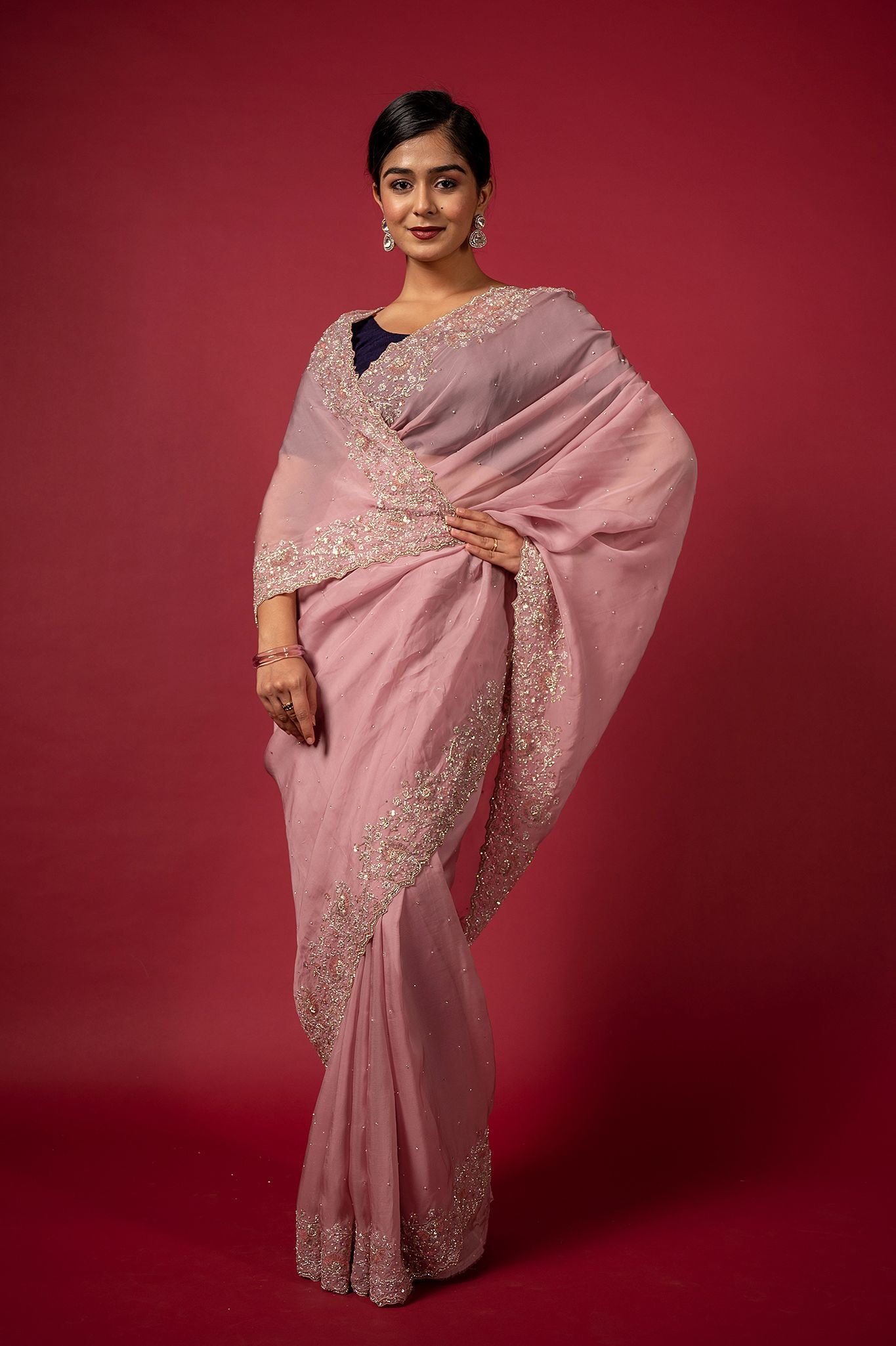 Pink organza fancy work handwork saree