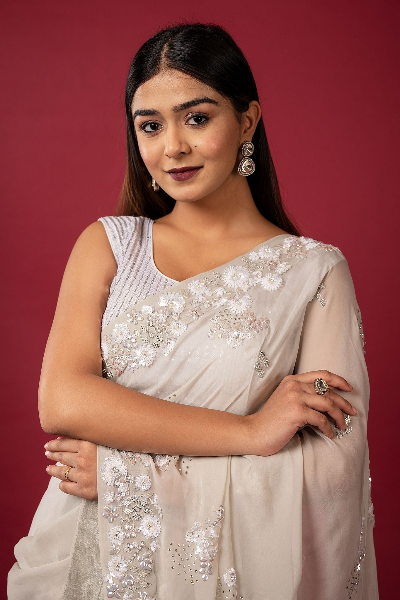 Milky grey organza sequins stone fancy work handwork saree