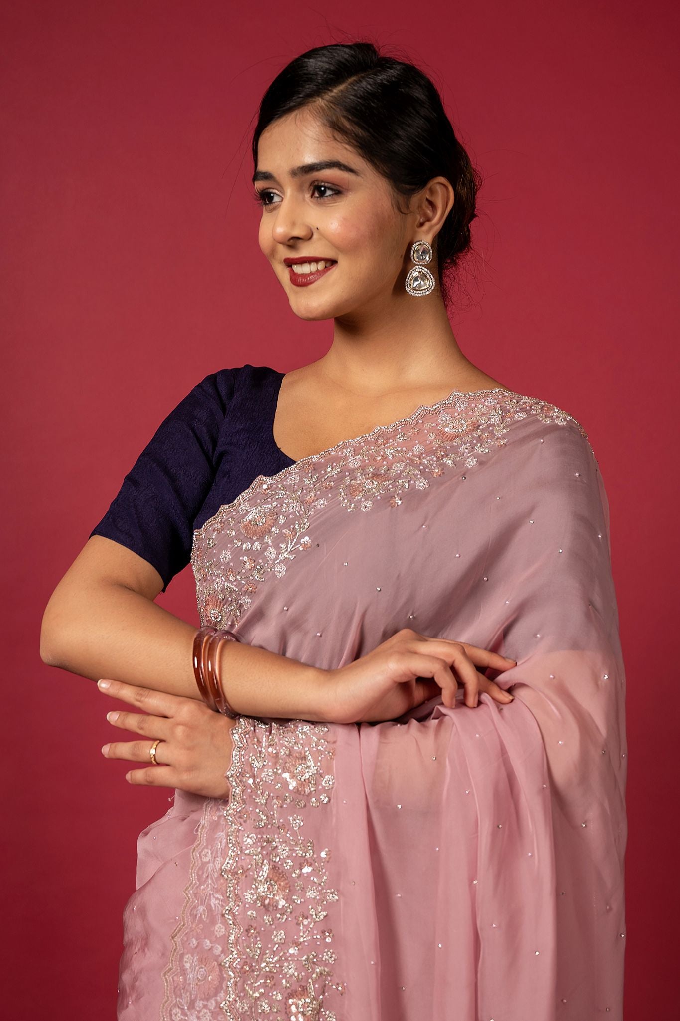 Pink organza fancy work handwork saree
