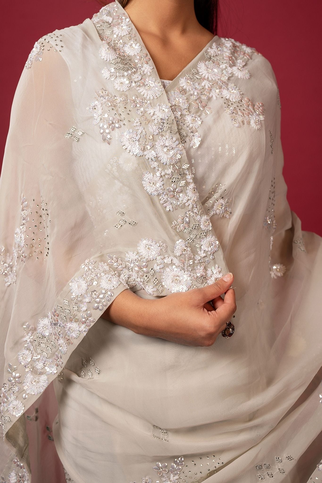 Milky grey organza sequins stone fancy work handwork saree