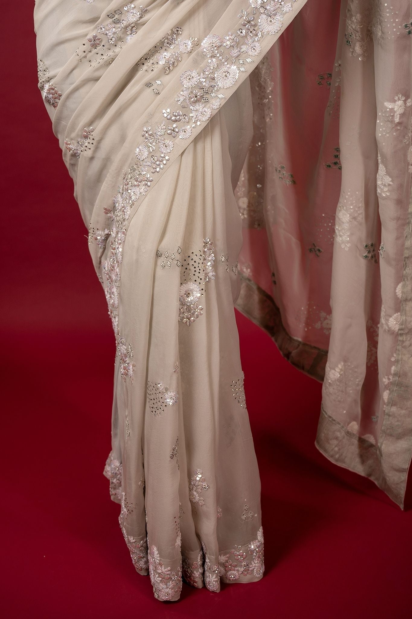 Milky grey organza sequins stone fancy work handwork saree