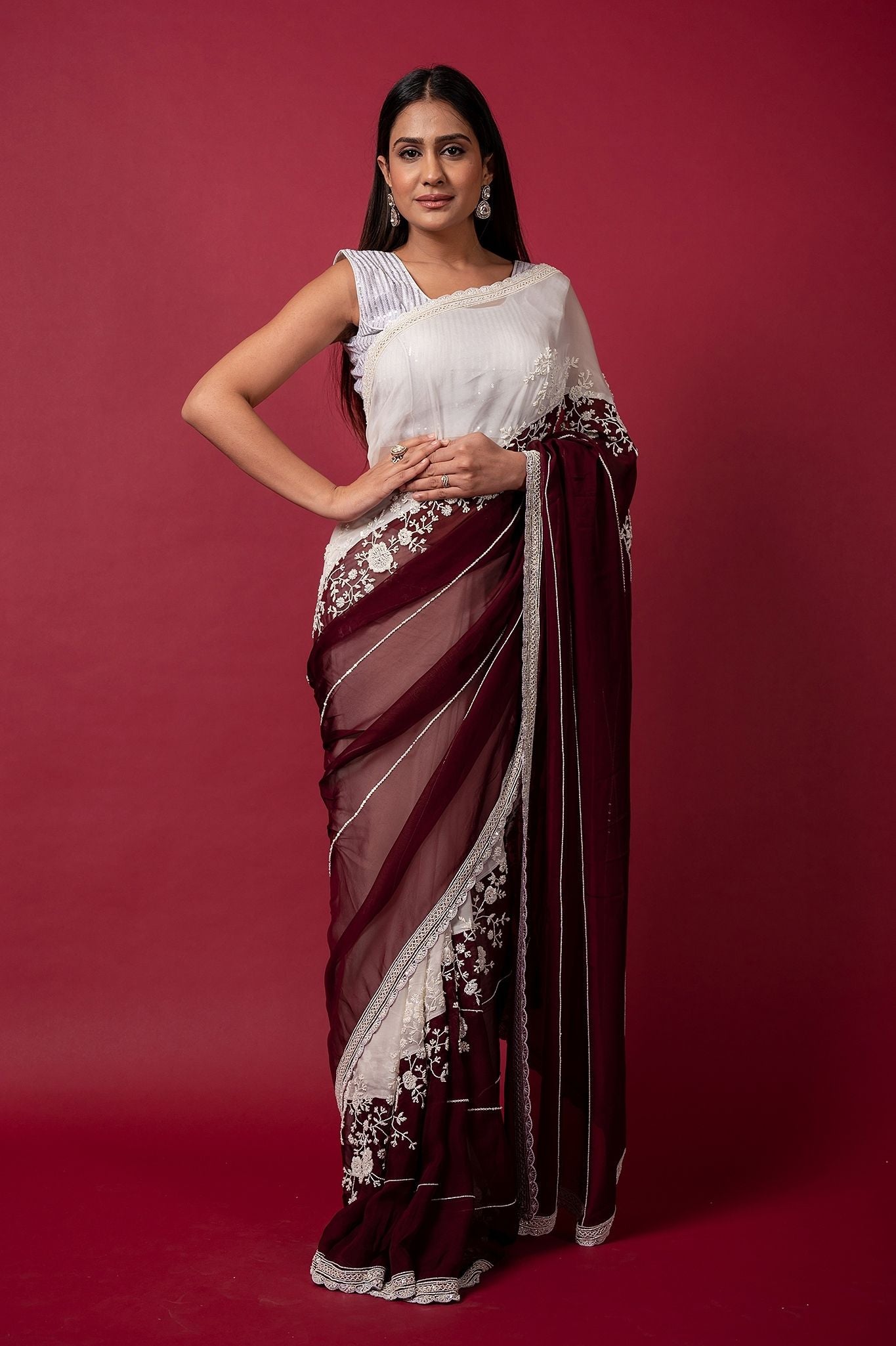 white wine organza pearl sequins handwork saree