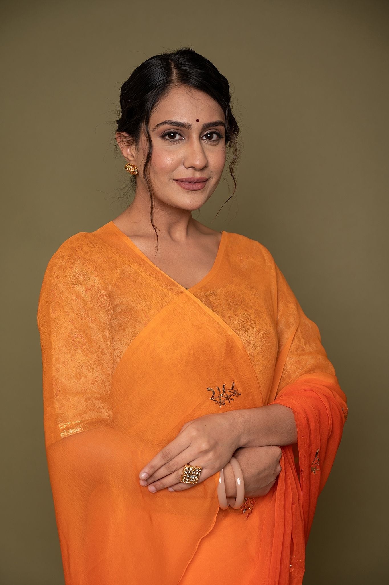 Orange viscose chiffon mughal mukesh handwork saree