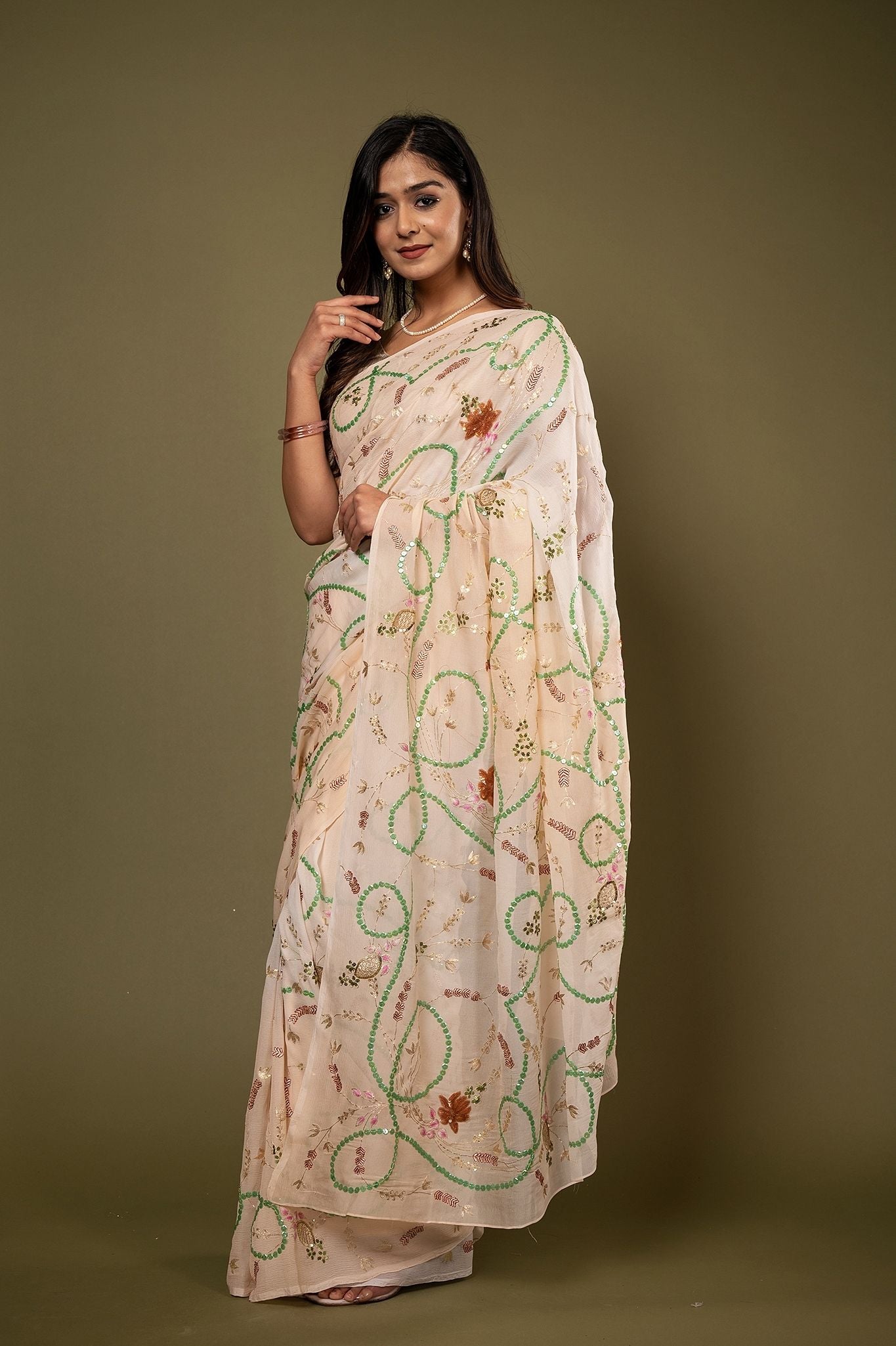 Cream Pure chiffon sequins aari resham jaal handwork saree