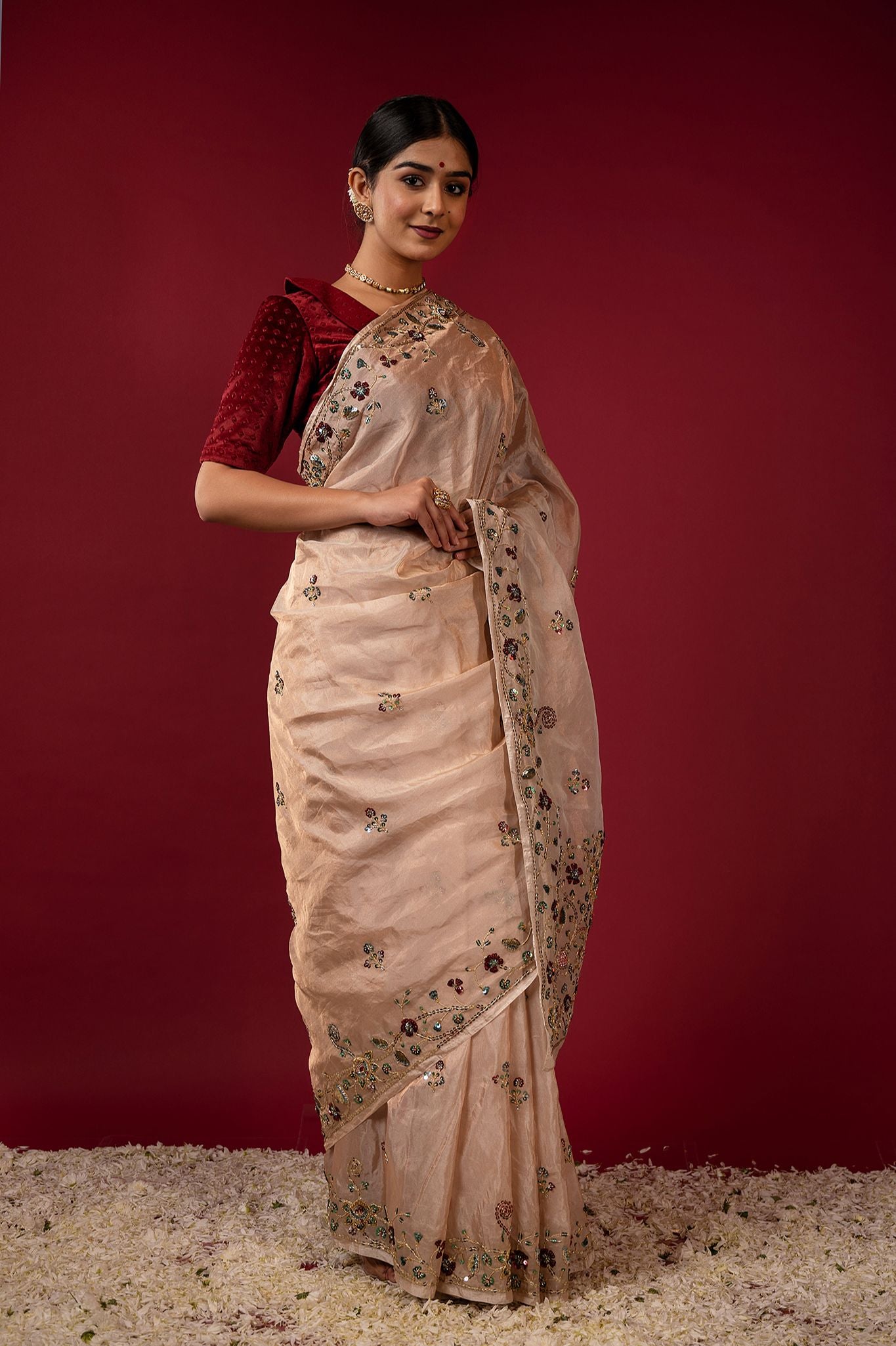 Cream Pure Tissue aari sequins handwork saree