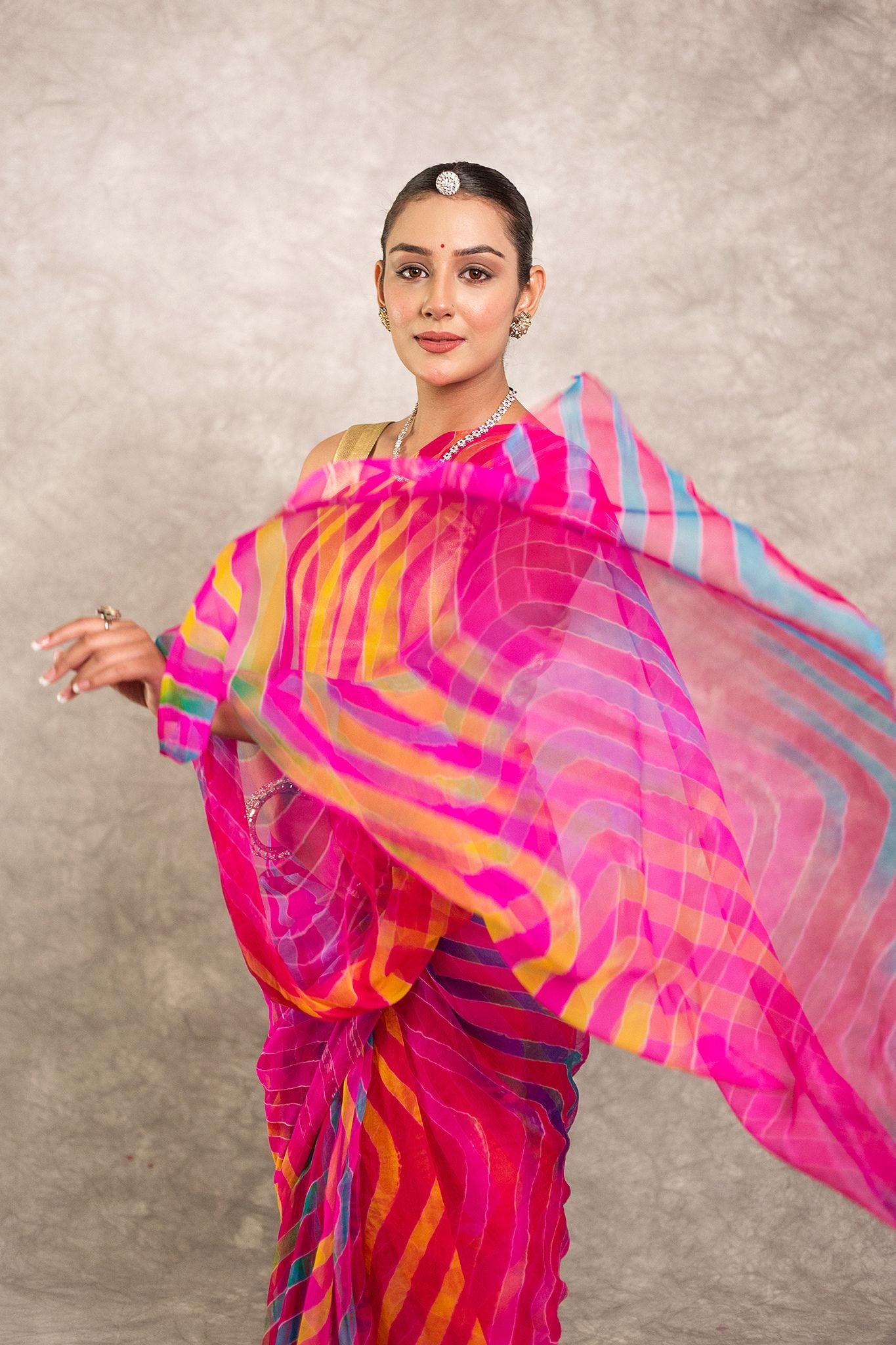 Multi lehariya Pure Georgette 20 Gsm plain hand dyed traditional wear saree