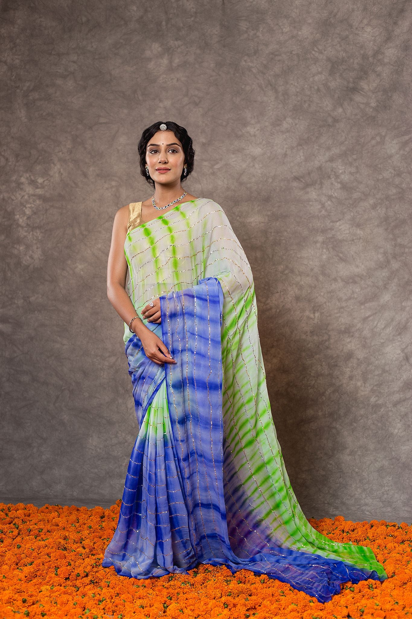 Multi Shaded pure Georgette 20 Gsm Sequins Handwork Saree