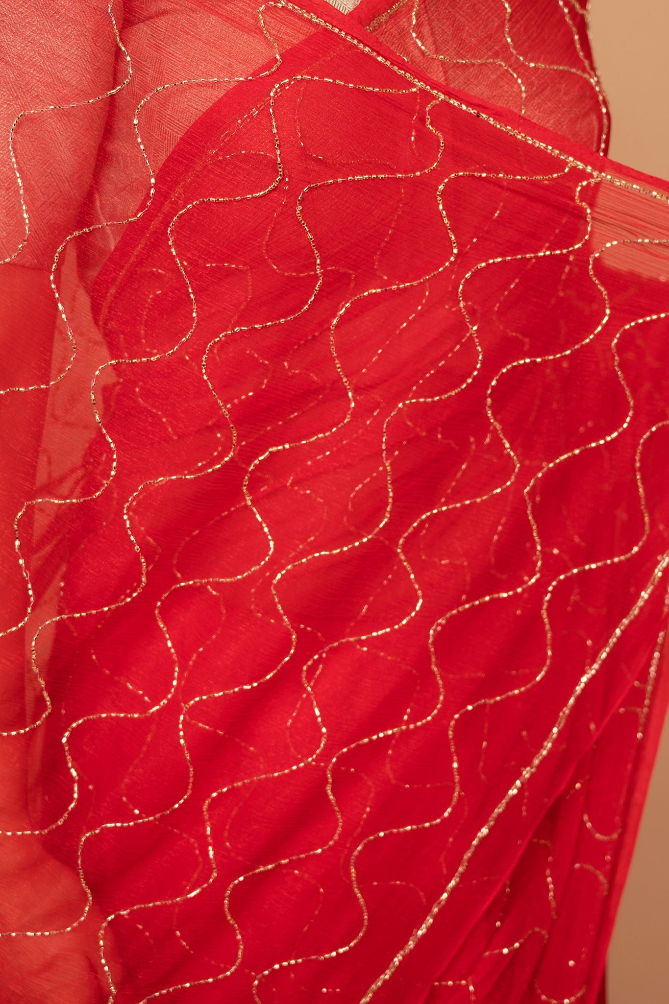 red Viscose Chiffon Kardana jaal Handwork Saree