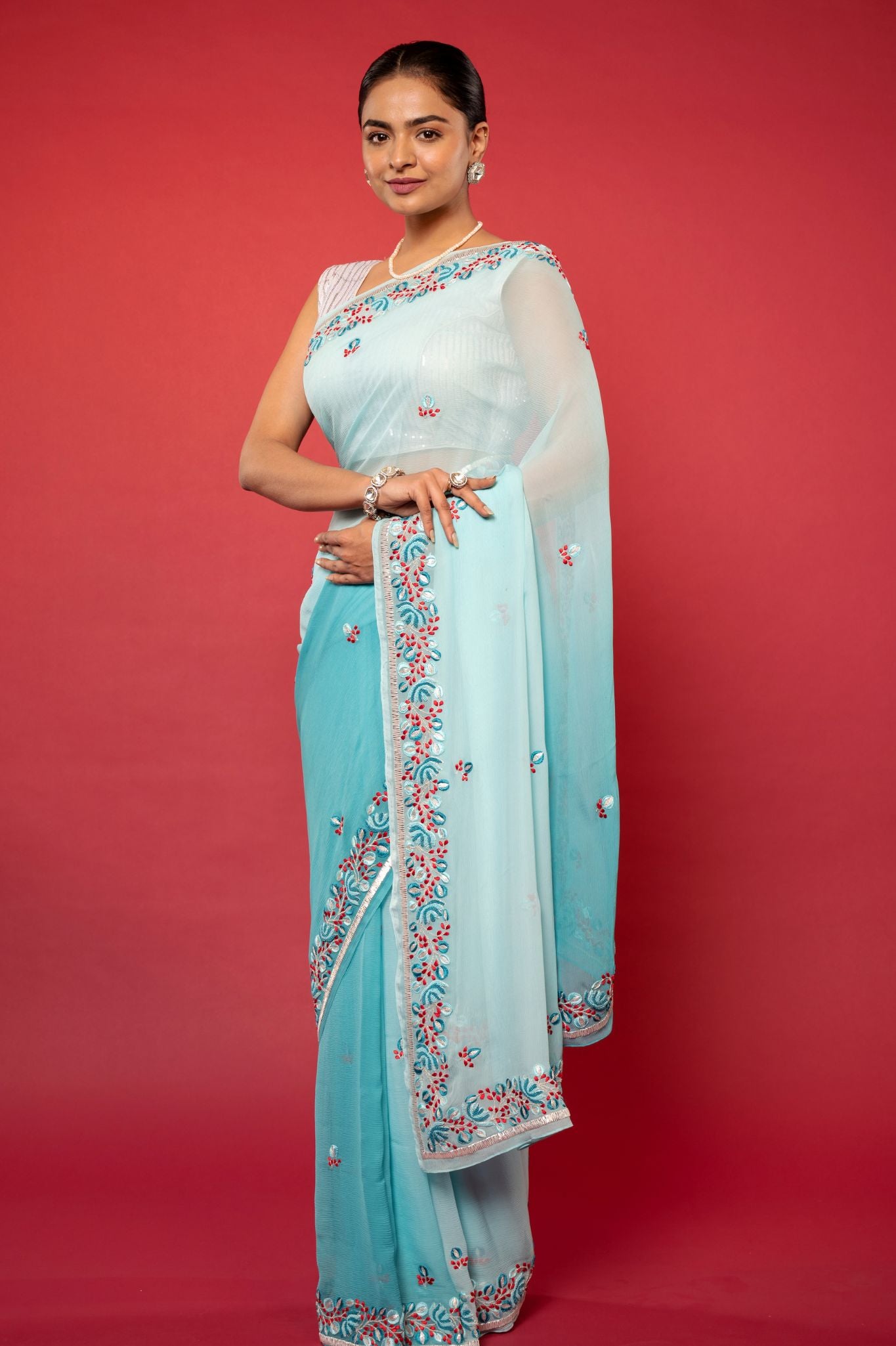 Sky blue light dark pure chiffon Resham Border butti handwork saree