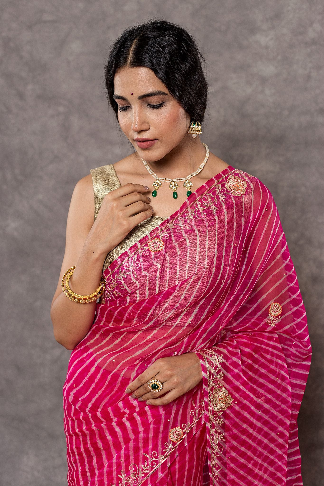 rani Lehariya Pure Georgette 20 Gsm aari sequins border butti handwork Traditional Wear saree