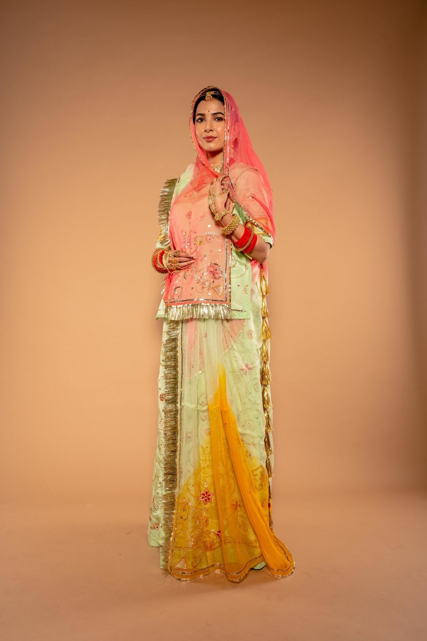 pista green bamber satin aari sequins jaal handwork poshak with pure odhna