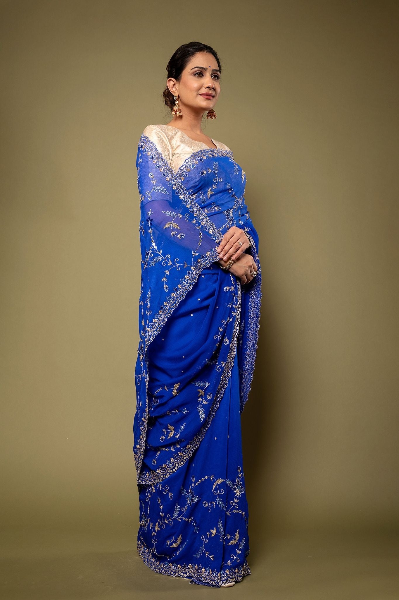 Royal Blue Viscose Chiffon Aari sequins border jaal handwork party wear Saree