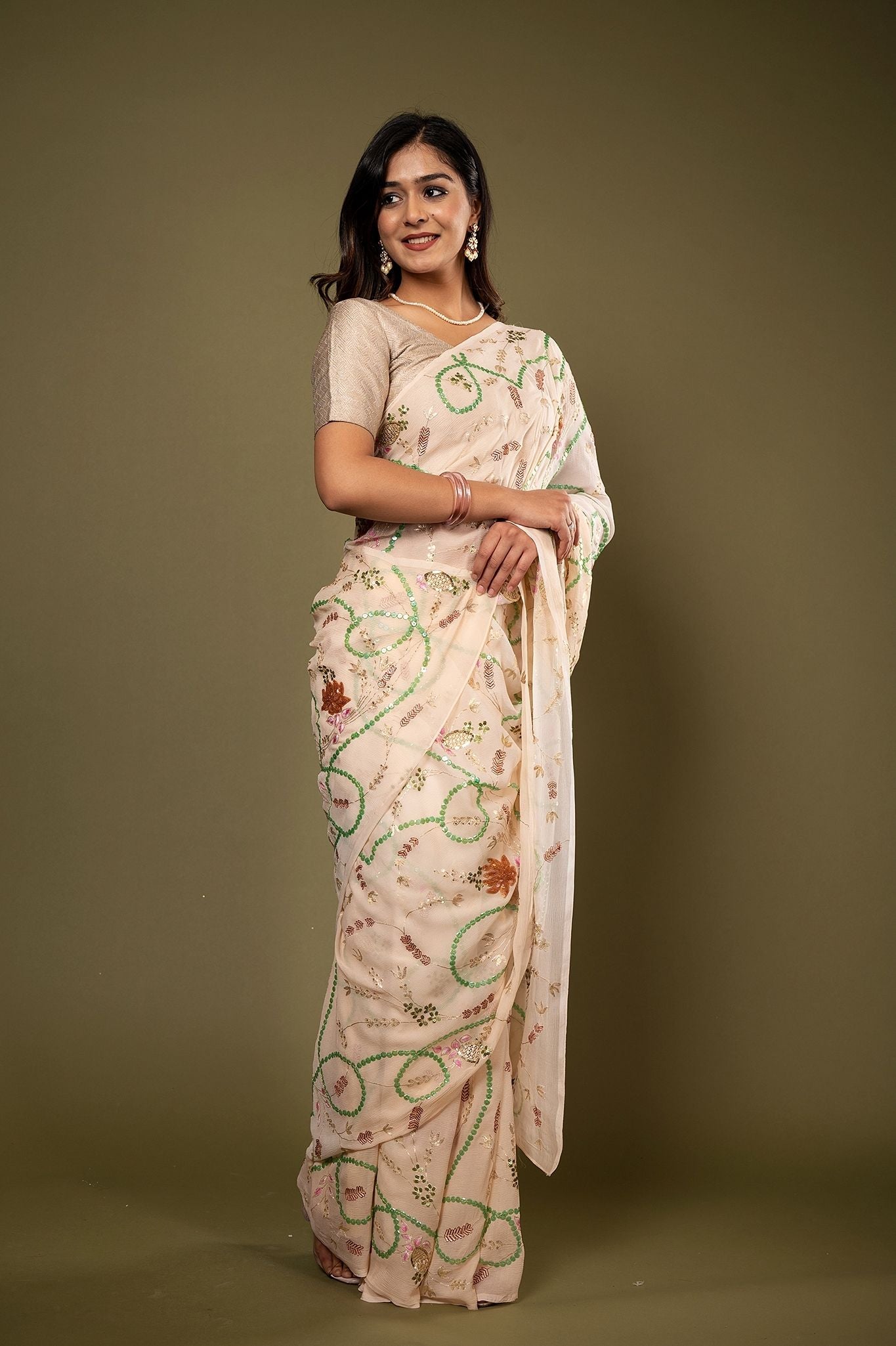 Cream Pure chiffon sequins aari resham jaal handwork saree