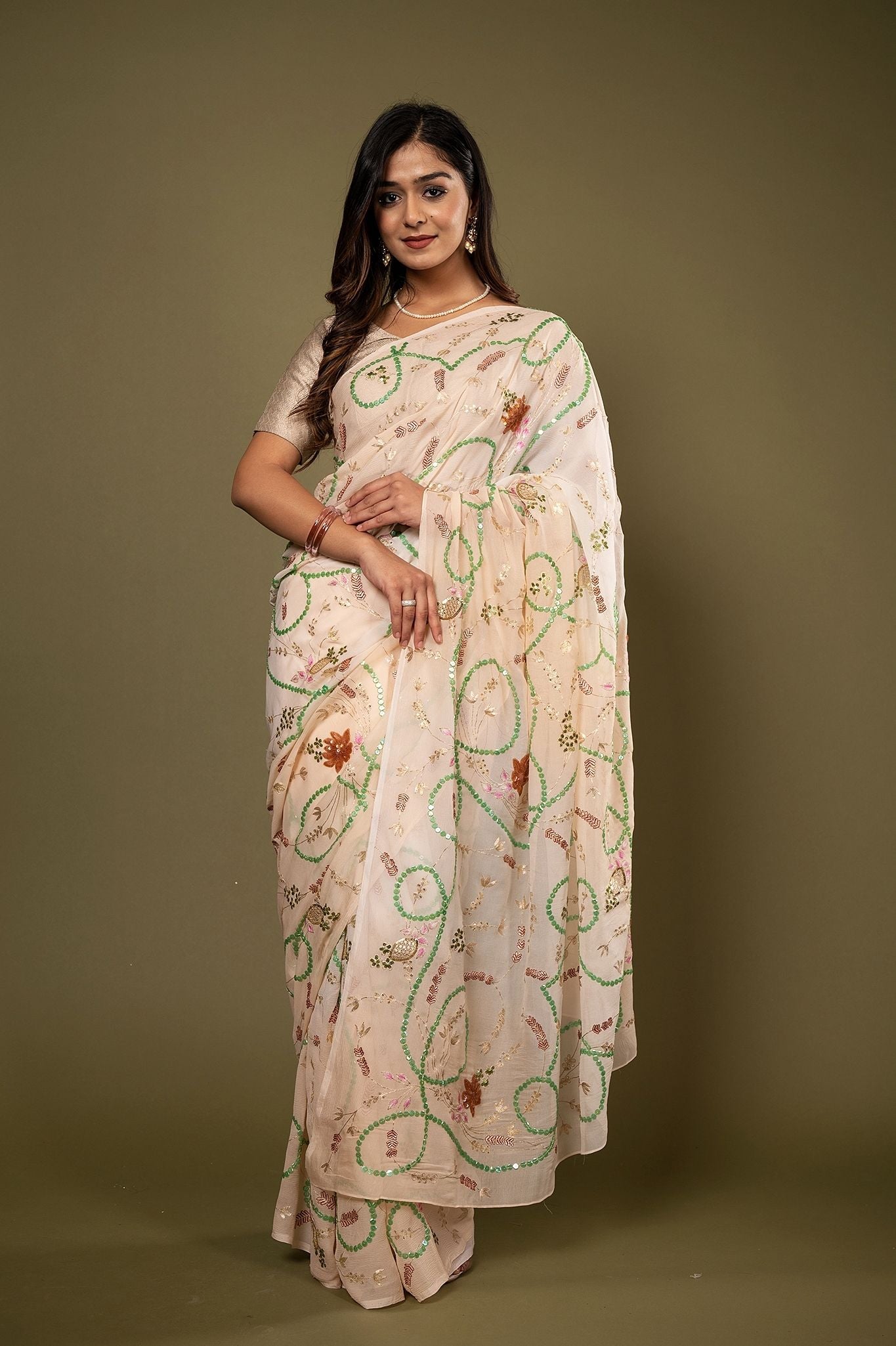 Cream Pure chiffon sequins aari resham jaal handwork saree