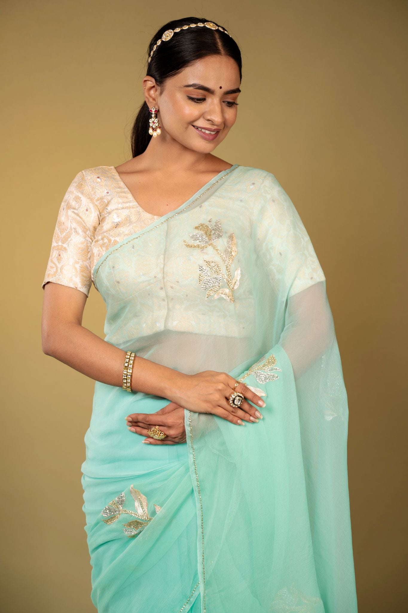 Sea Green Viscose Chiffon aari sequins motif handwork party wear saree