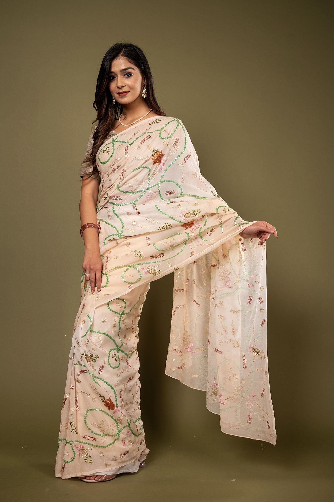 Cream Pure chiffon sequins aari resham jaal handwork saree
