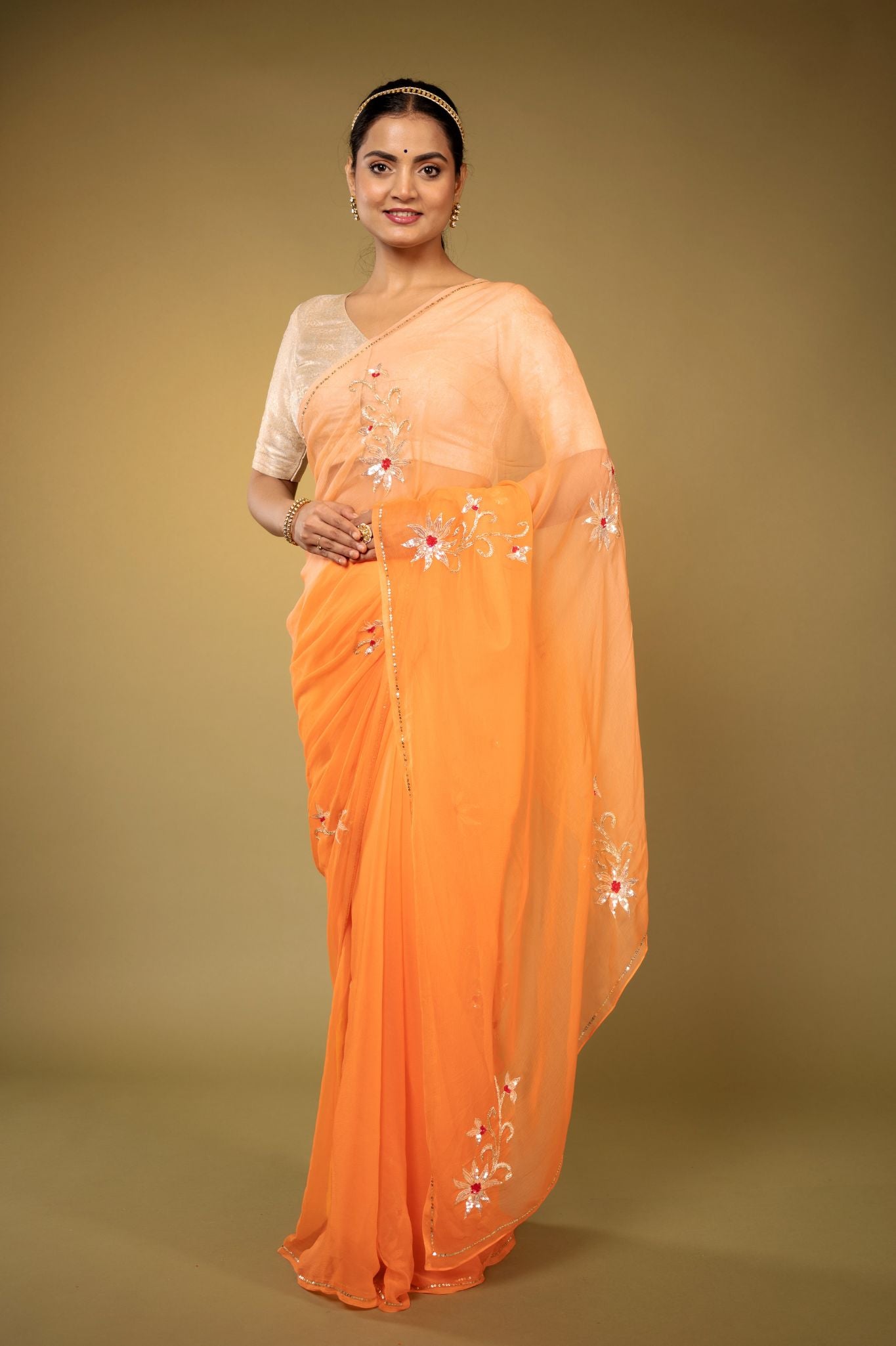 Peach viscose chiffon aari sequins motif handwork casual wear saree