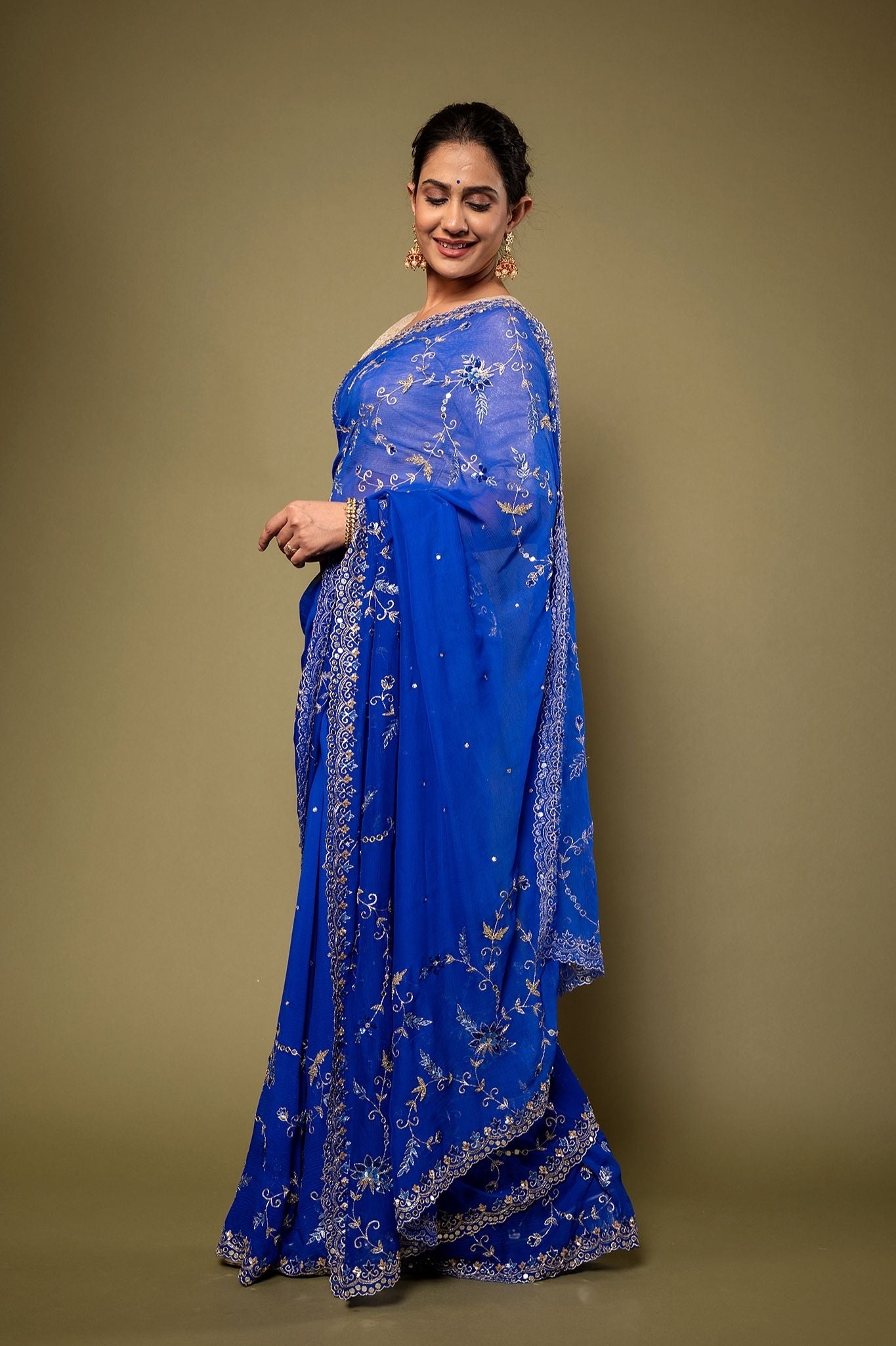 Royal Blue Viscose Chiffon Aari sequins border jaal handwork party wear Saree