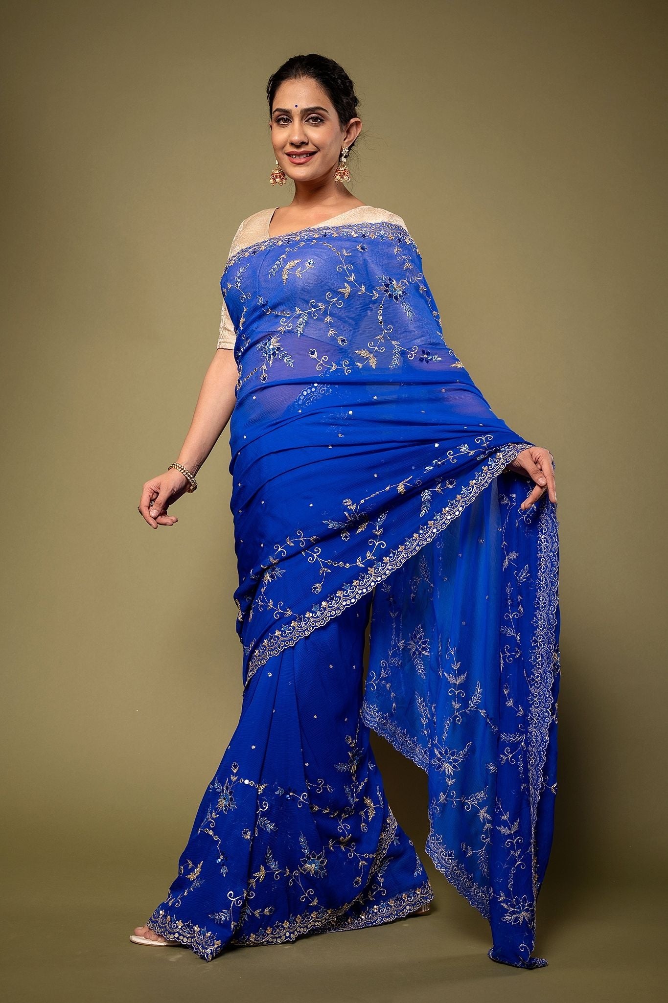 Royal Blue Viscose Chiffon Aari sequins border jaal handwork party wear Saree
