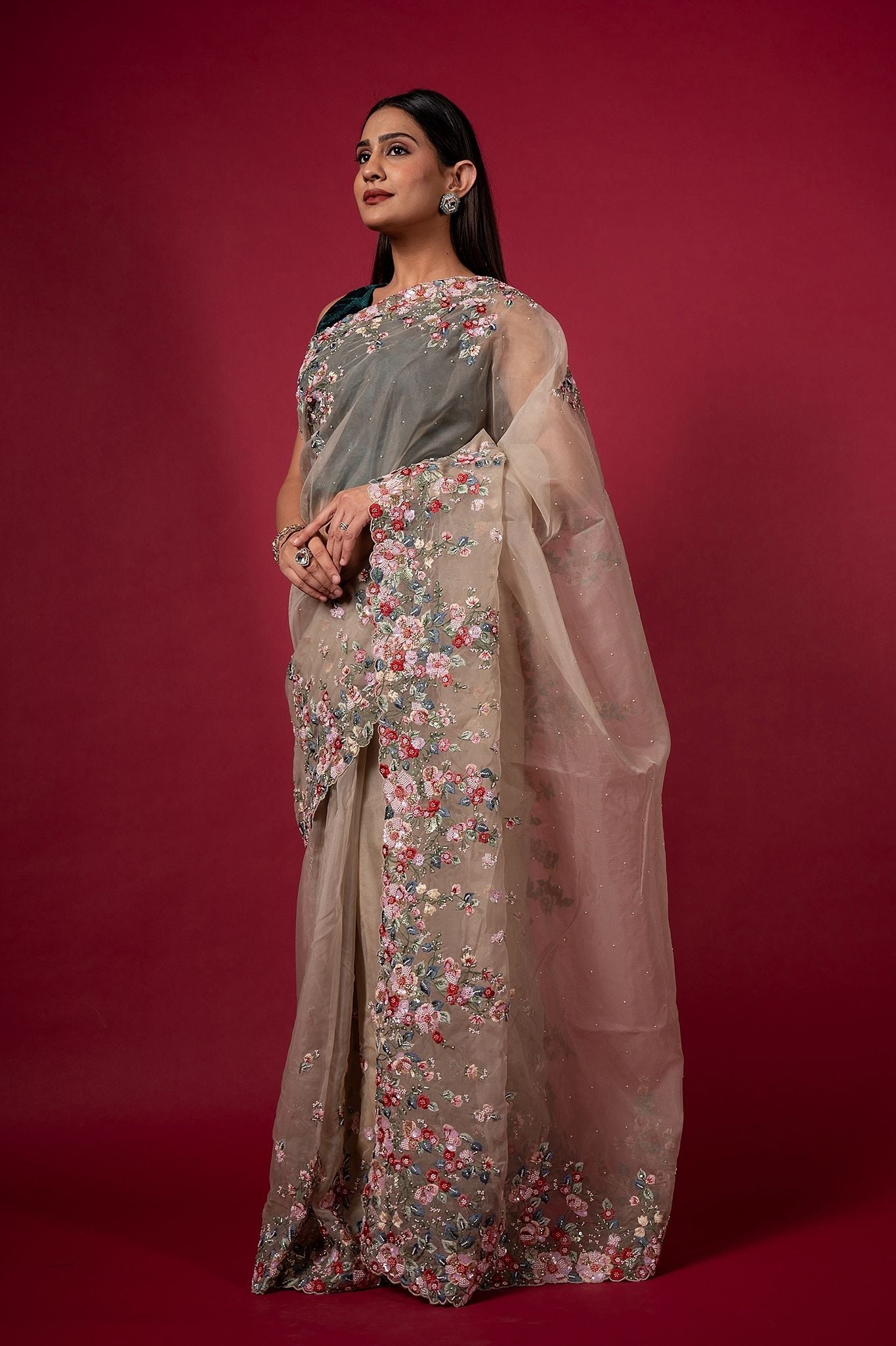 Sand organza pearl sequins kardana resham handwork saree