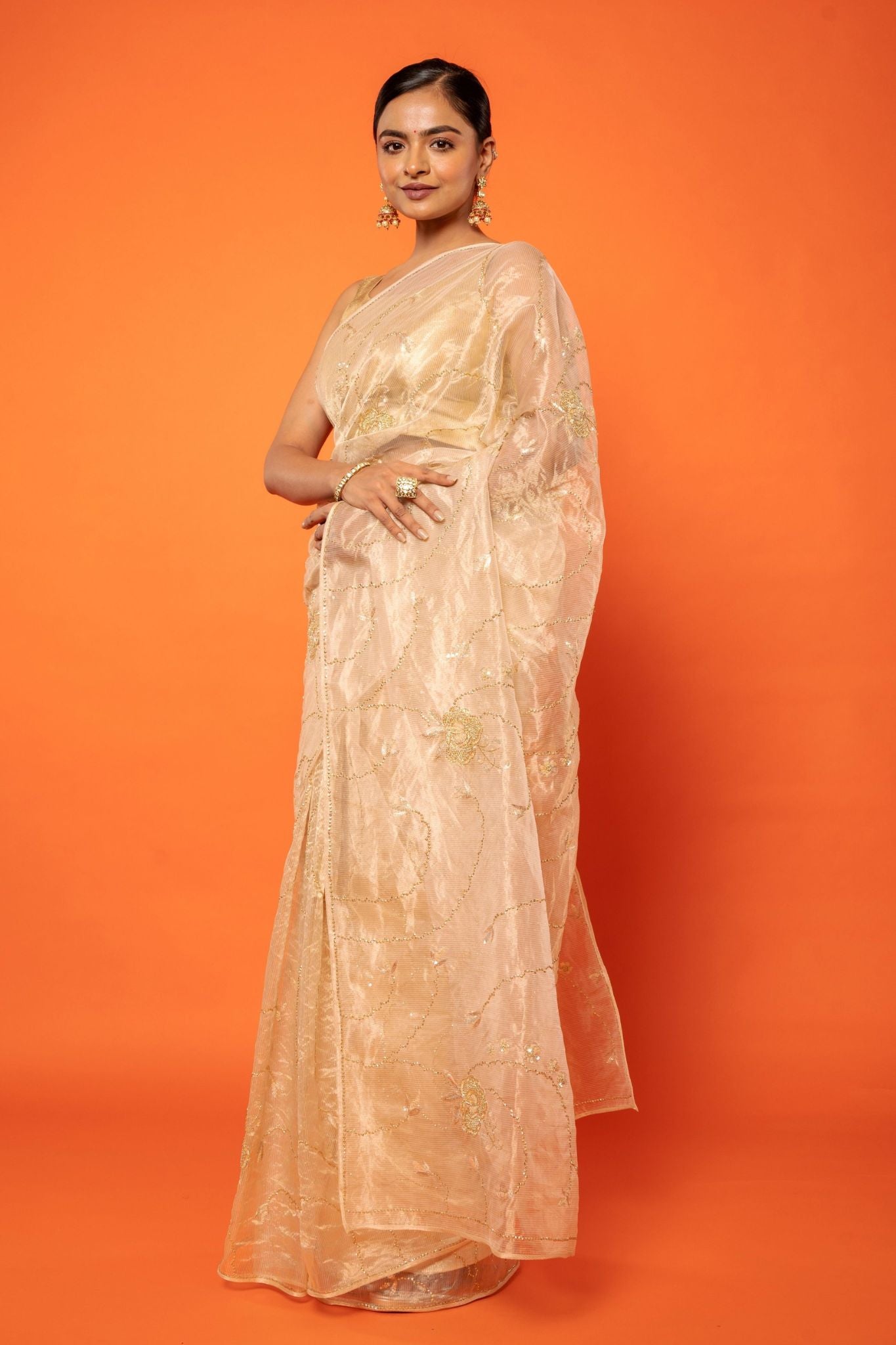 Golden Pure Tissue aari sequins jaal handwork party wear saree