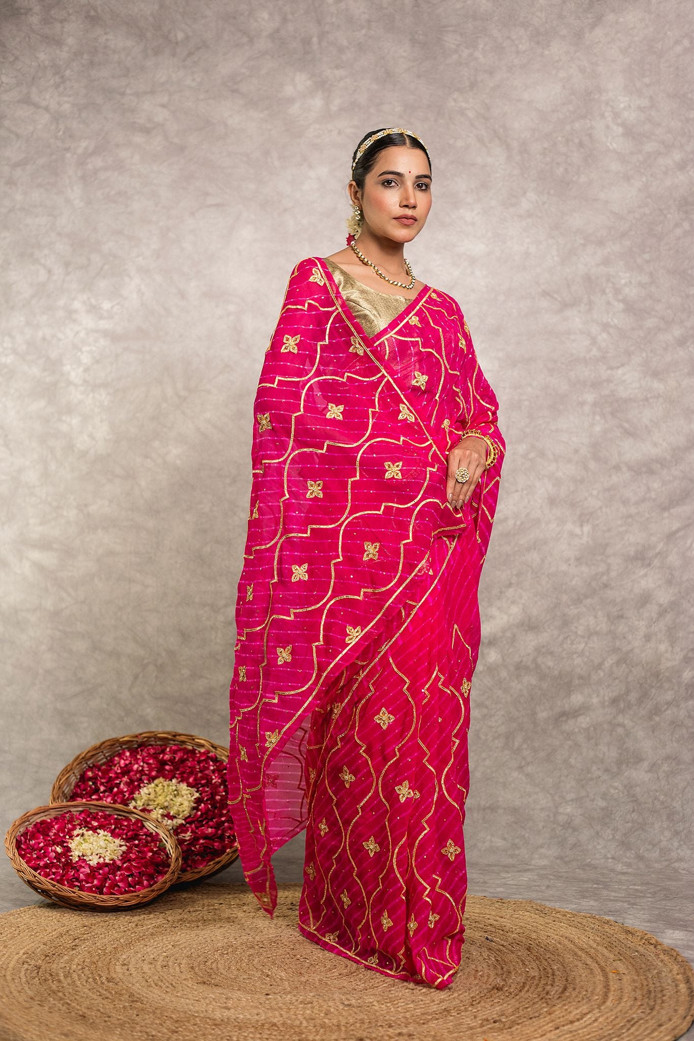 Rani Lehariya Pure Georgette 20 Gsm sikhiya dabi jaal handwork traditional wear saree