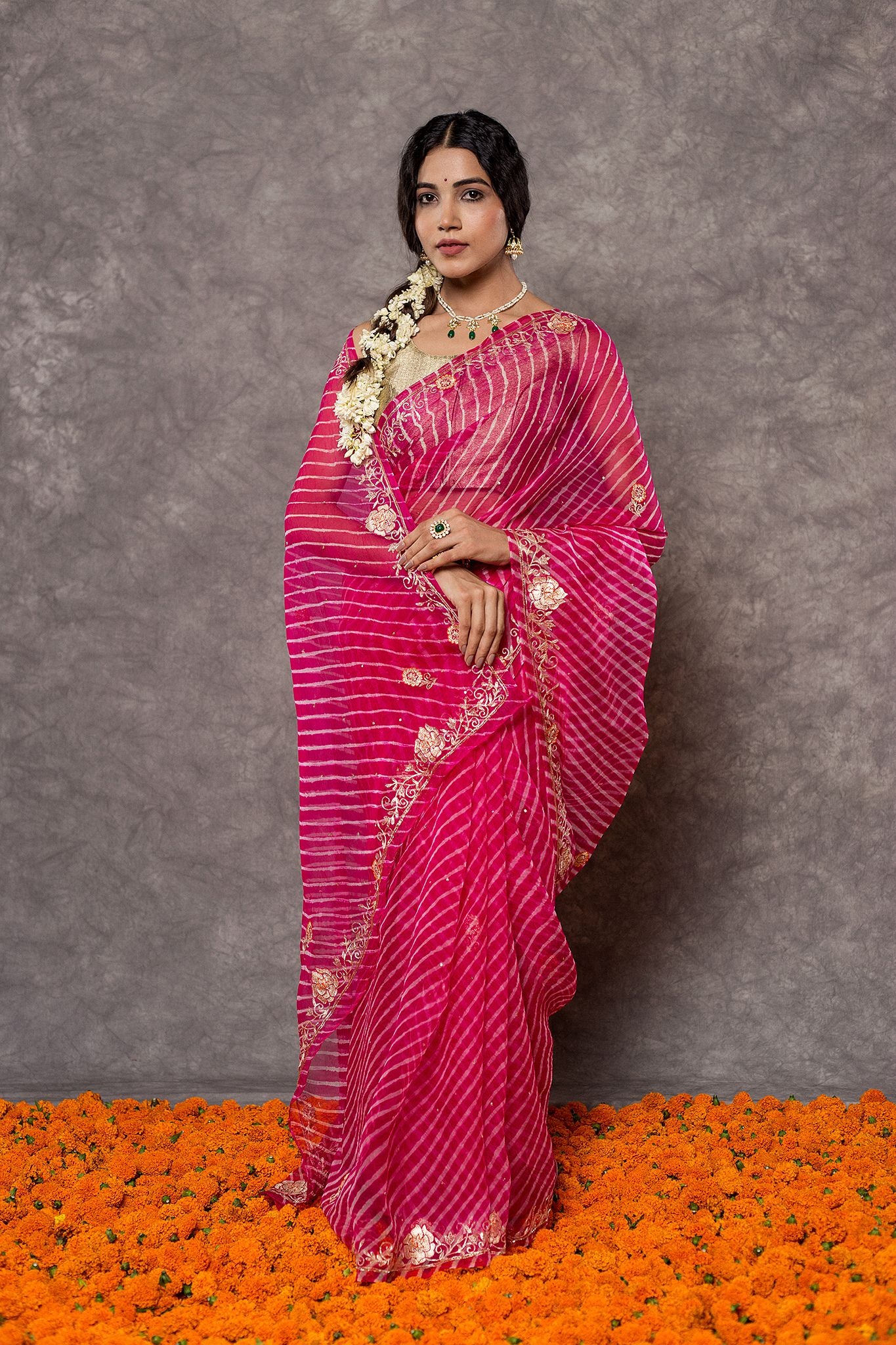 rani Lehariya Pure Georgette 20 Gsm aari sequins border butti handwork Traditional Wear saree