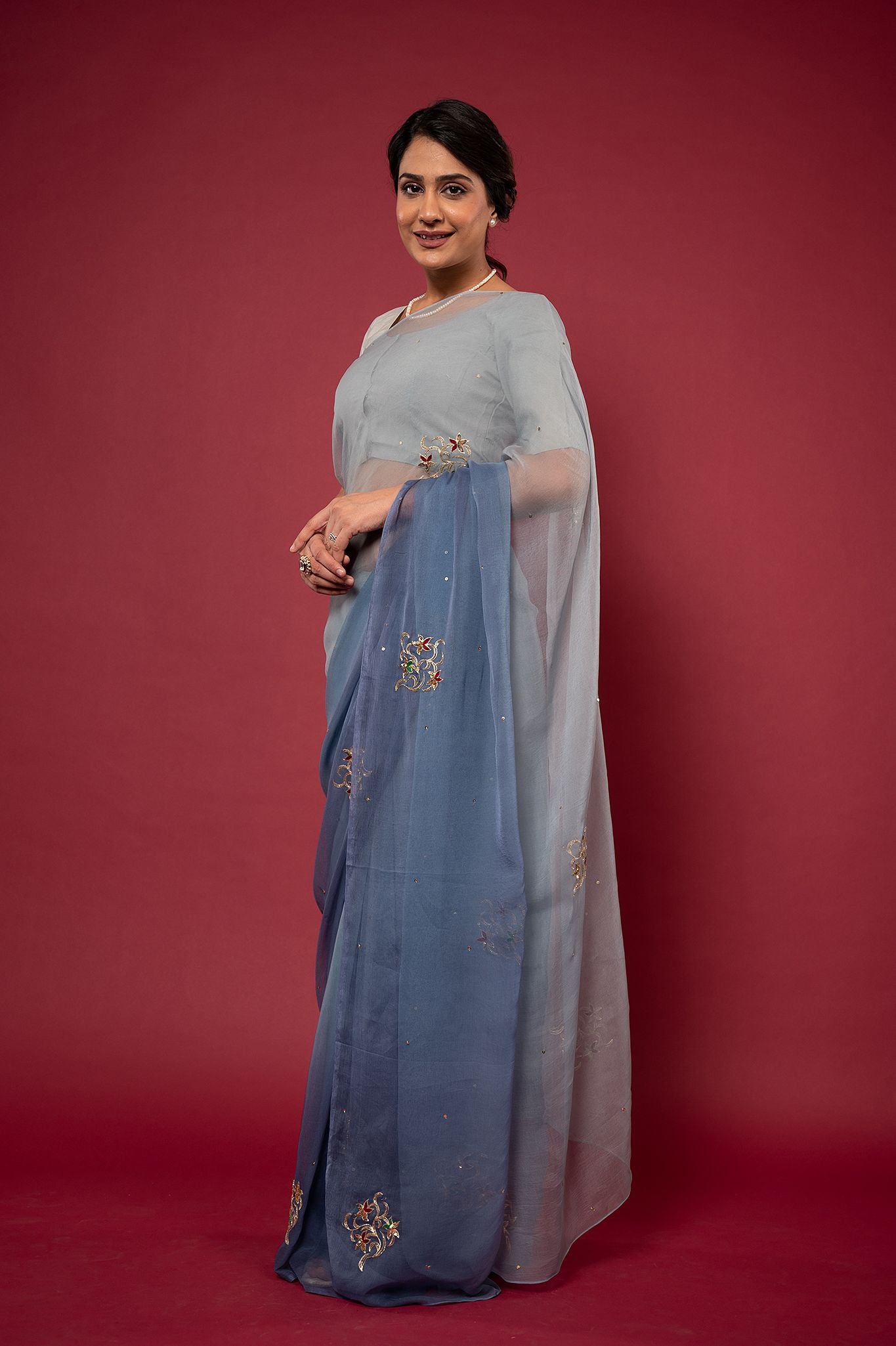 Grey light dark viscose chiffon aari sequins motif handwork casual wear saree