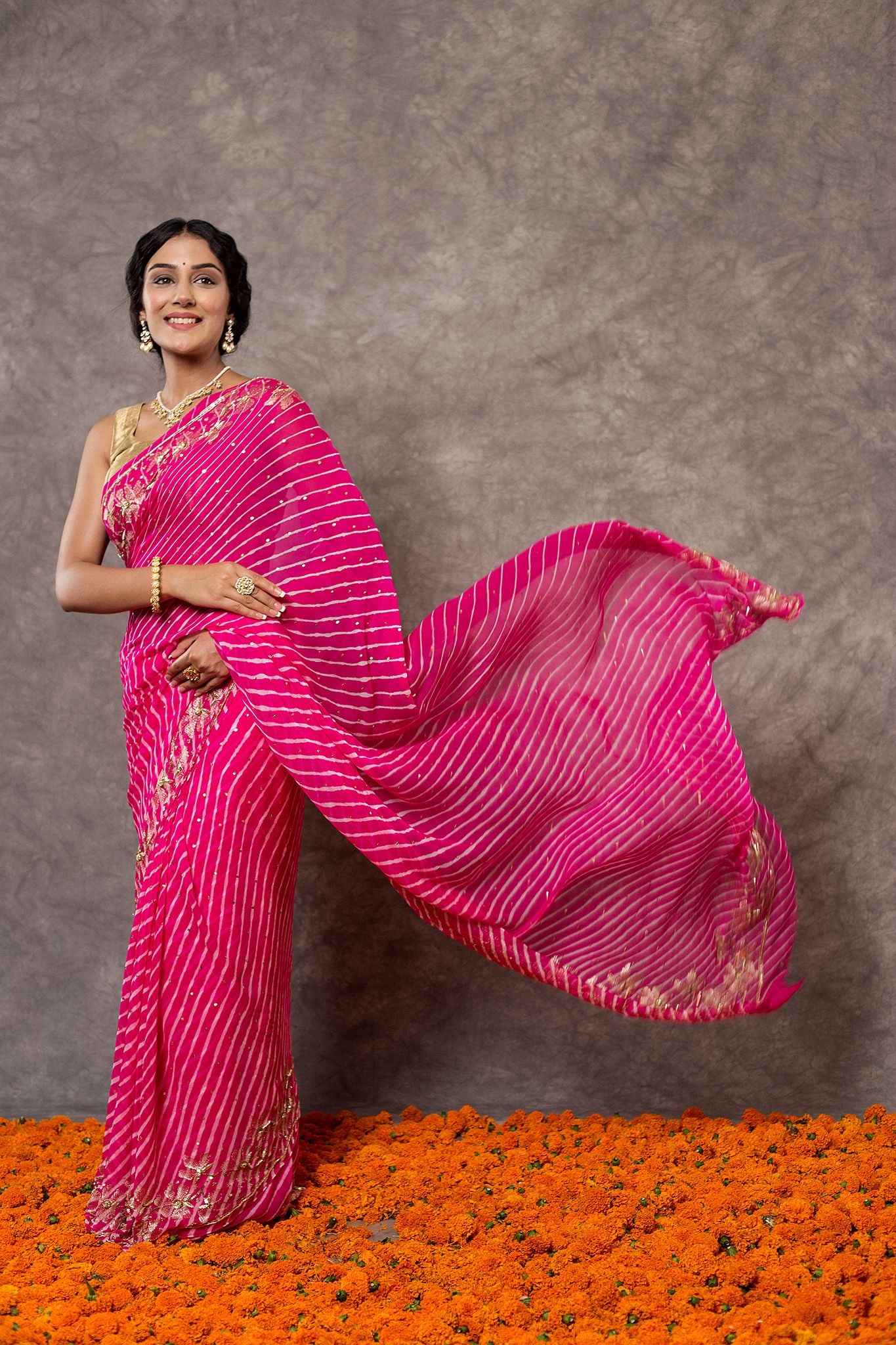 Rani Lehariya Pure Georgette 20 Gsm aari sequins border butti handwork traditional wear saree