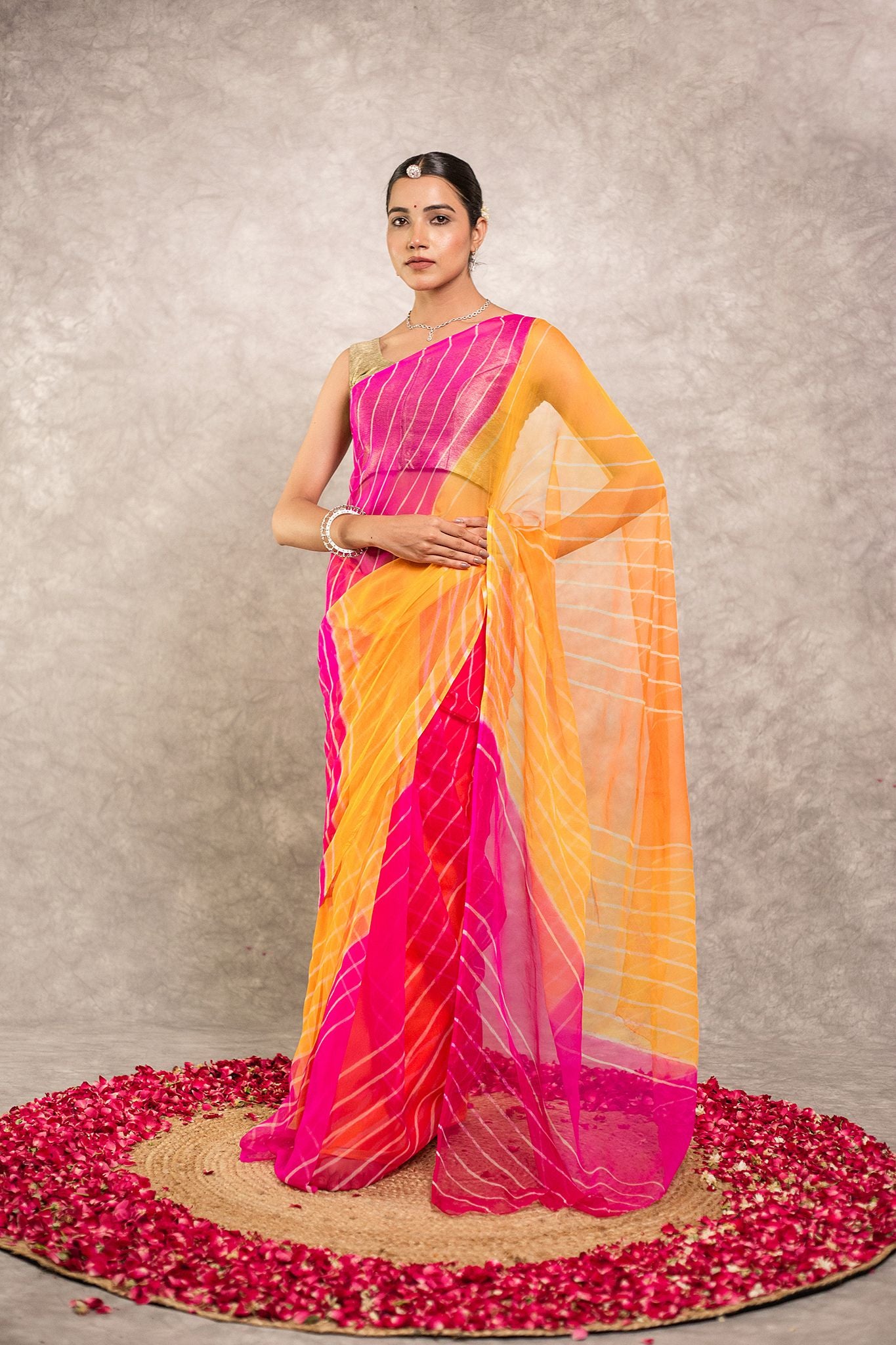Multi lehariya Pure Georgette 20 Gsm plain hand dyed traditional wear saree