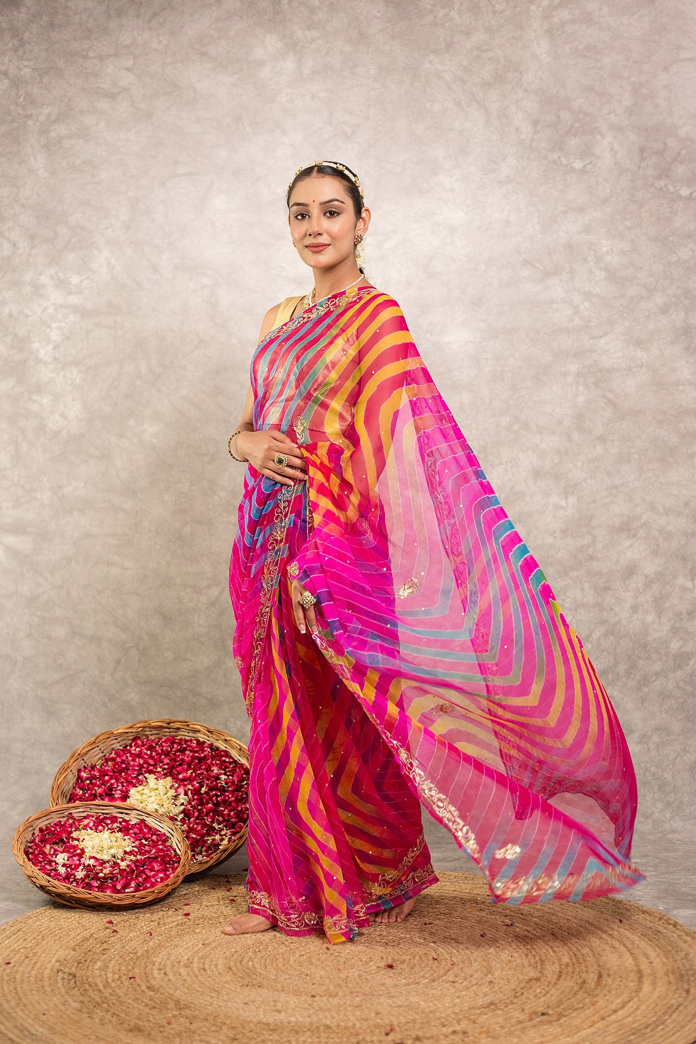 Multi lehariya Pure Georgette 20 Gsm aari sequins border butti handwork traditional wear saree