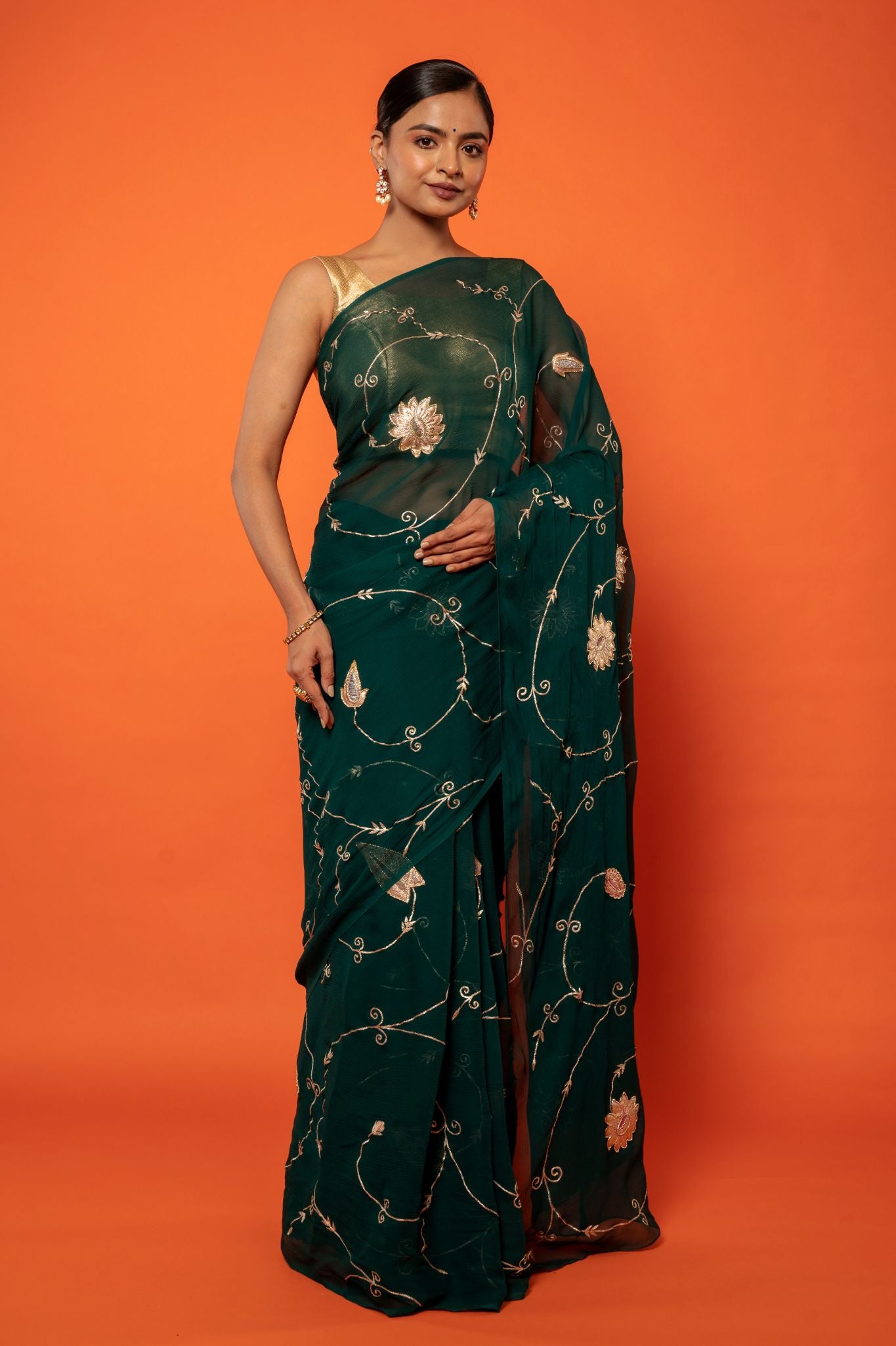 Green pure chiffon chanderi butti aari jaal handwork saree