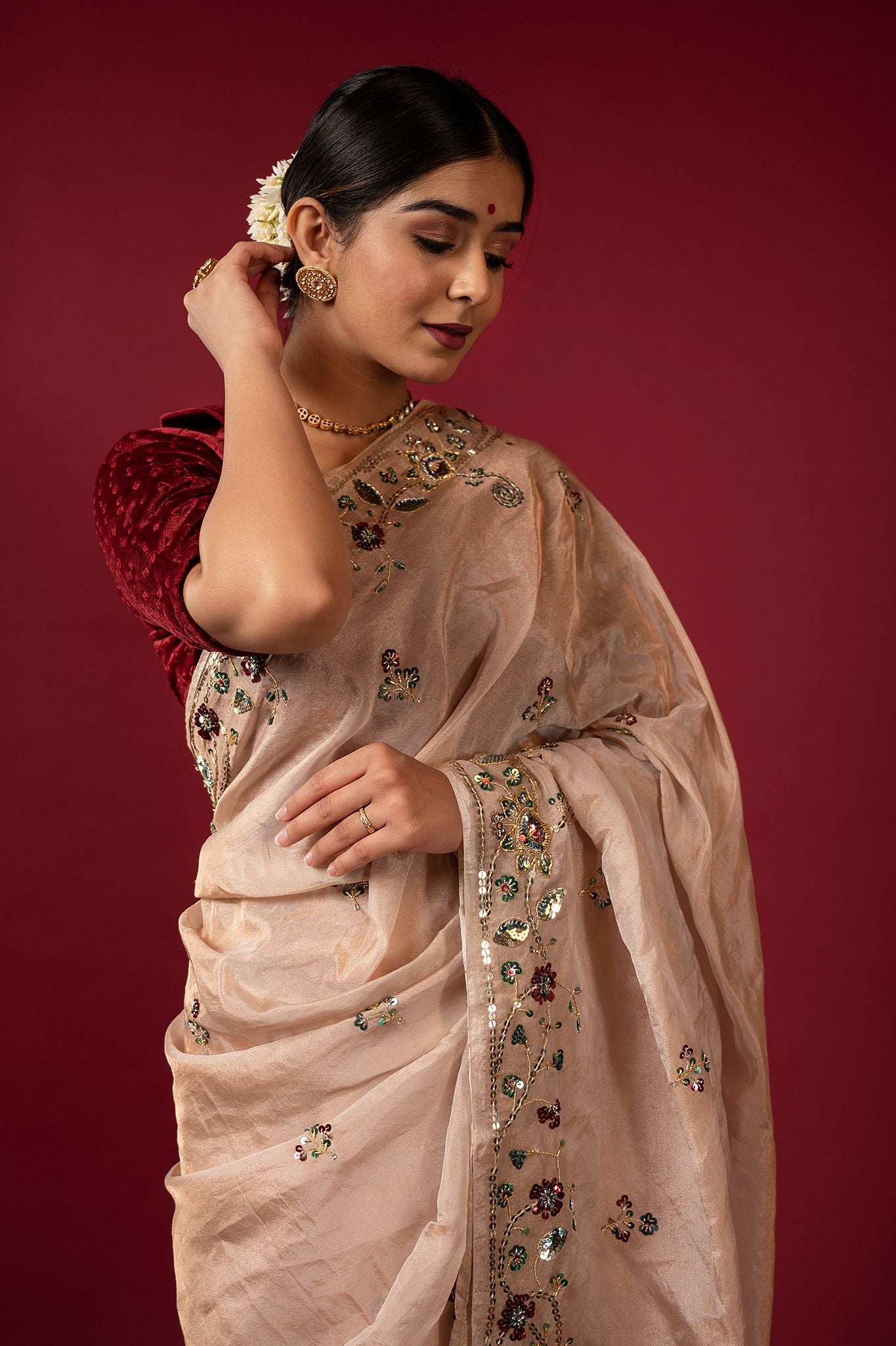Cream Pure Tissue aari sequins handwork saree