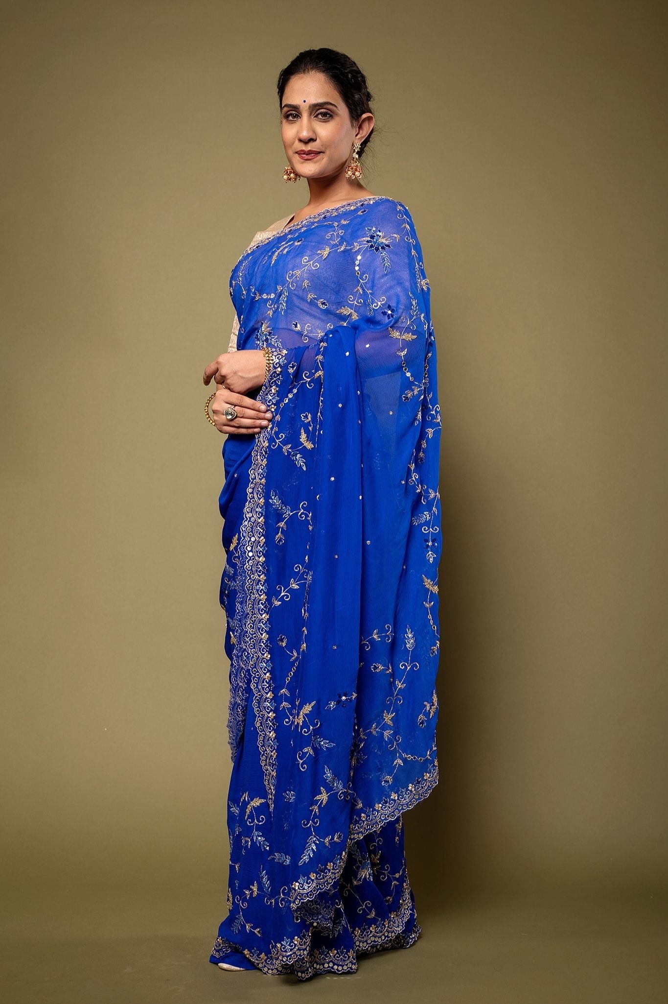 Royal Blue Viscose Chiffon Aari sequins border jaal handwork party wear Saree
