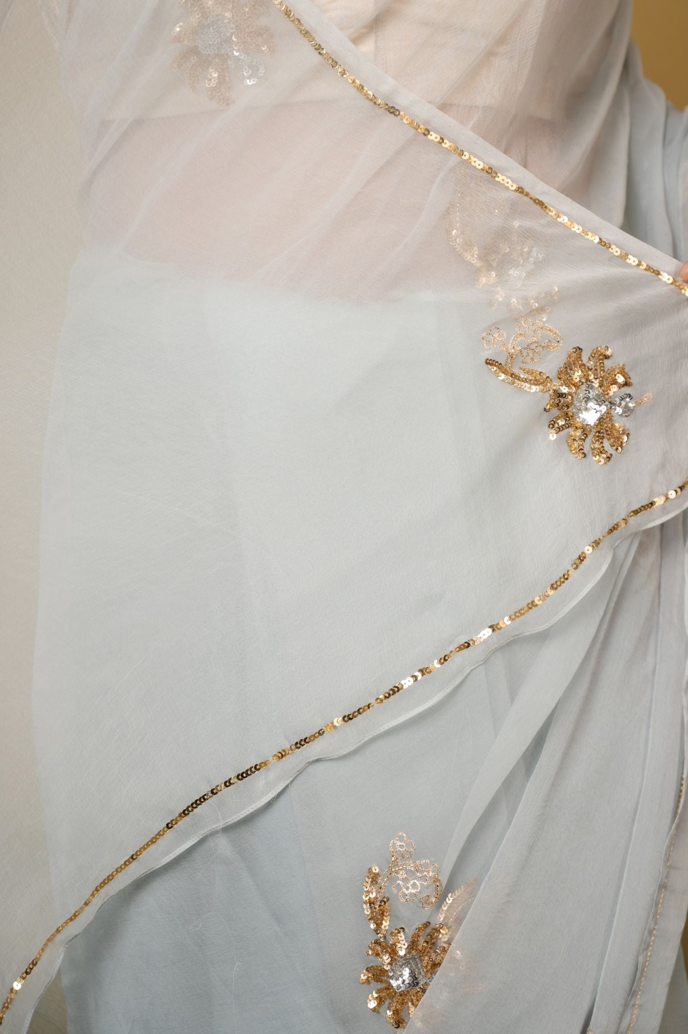 Grey light dark viscose chiffon aari sequins motif handwork casual wear saree