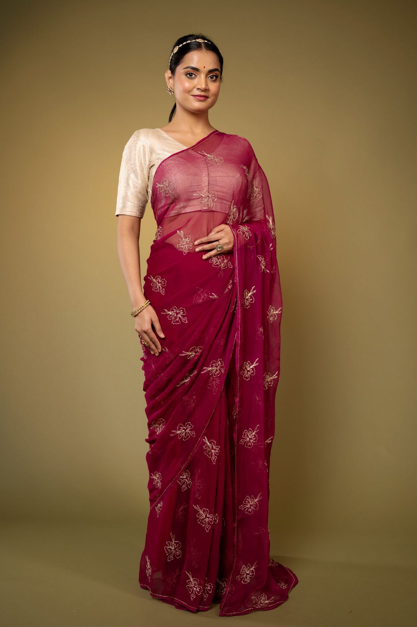 wine viscose chiffon kardana motif handwork casual wear saree